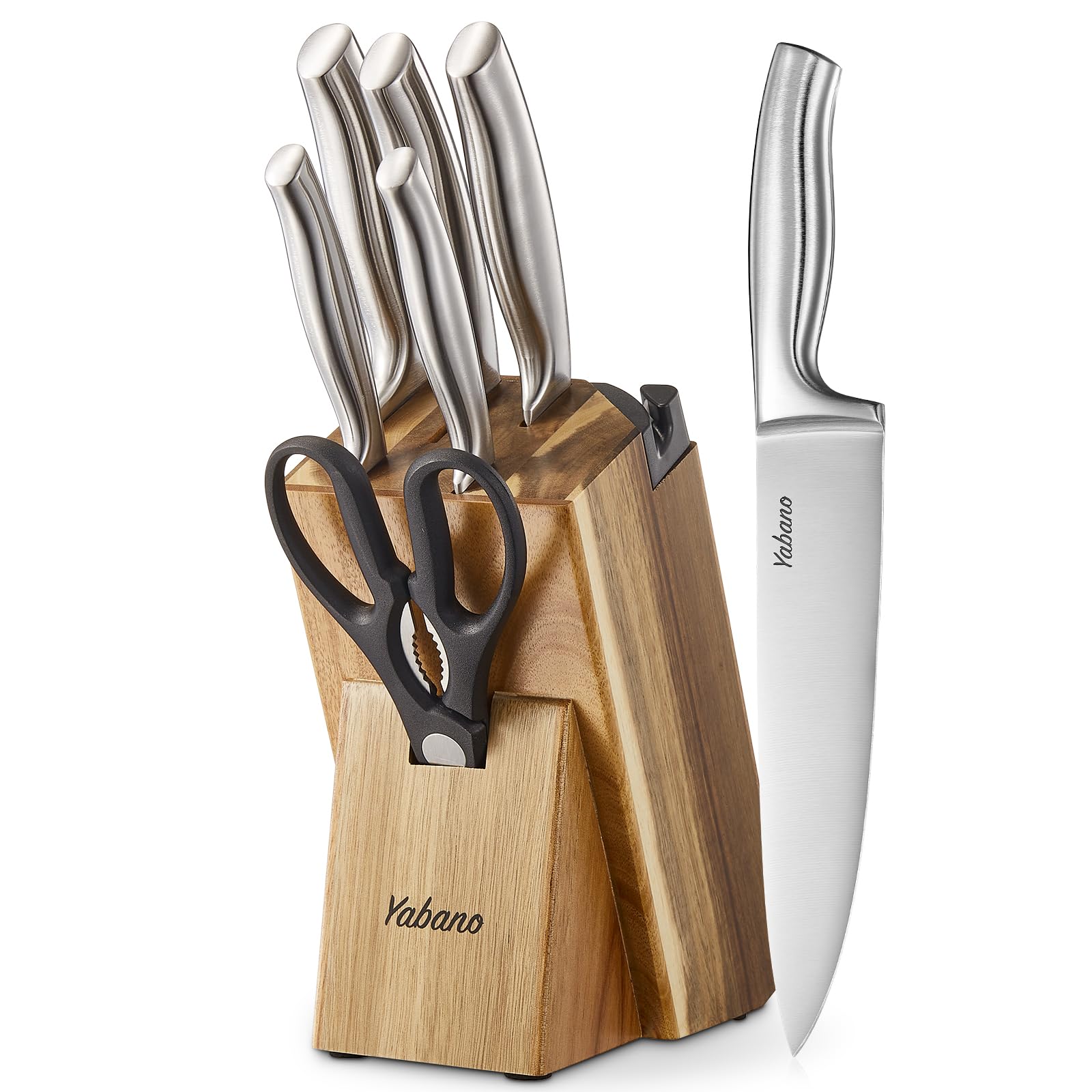 Kitchen Knife Set with Block, 7 Piece German Stainless Steel Knives Set with Built-in Sharpener, Chef Knife Set with Scissors and Acacia Wood Block, Professional Sharp Knives for Home Cooking
