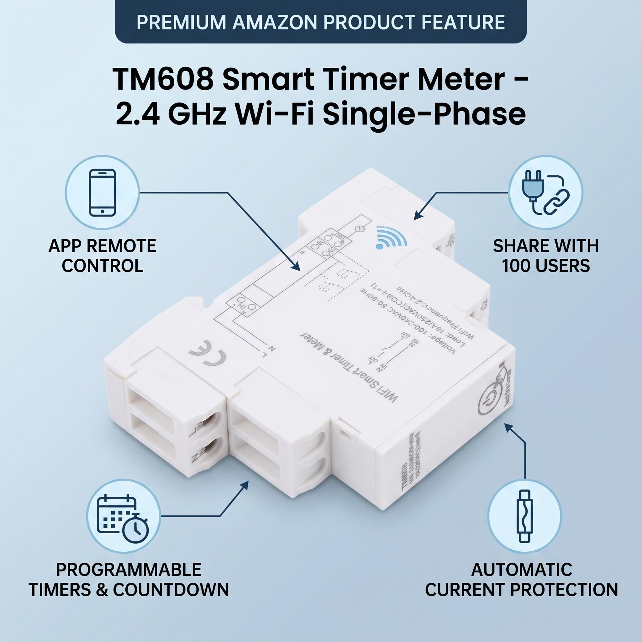 Medidor Temporizador Inteligente Tm608 Sinotimer Medidor Energía Monofásico WiFi Carril DIN 2.4 GHz 16A 100-240V Operación Una Tecla