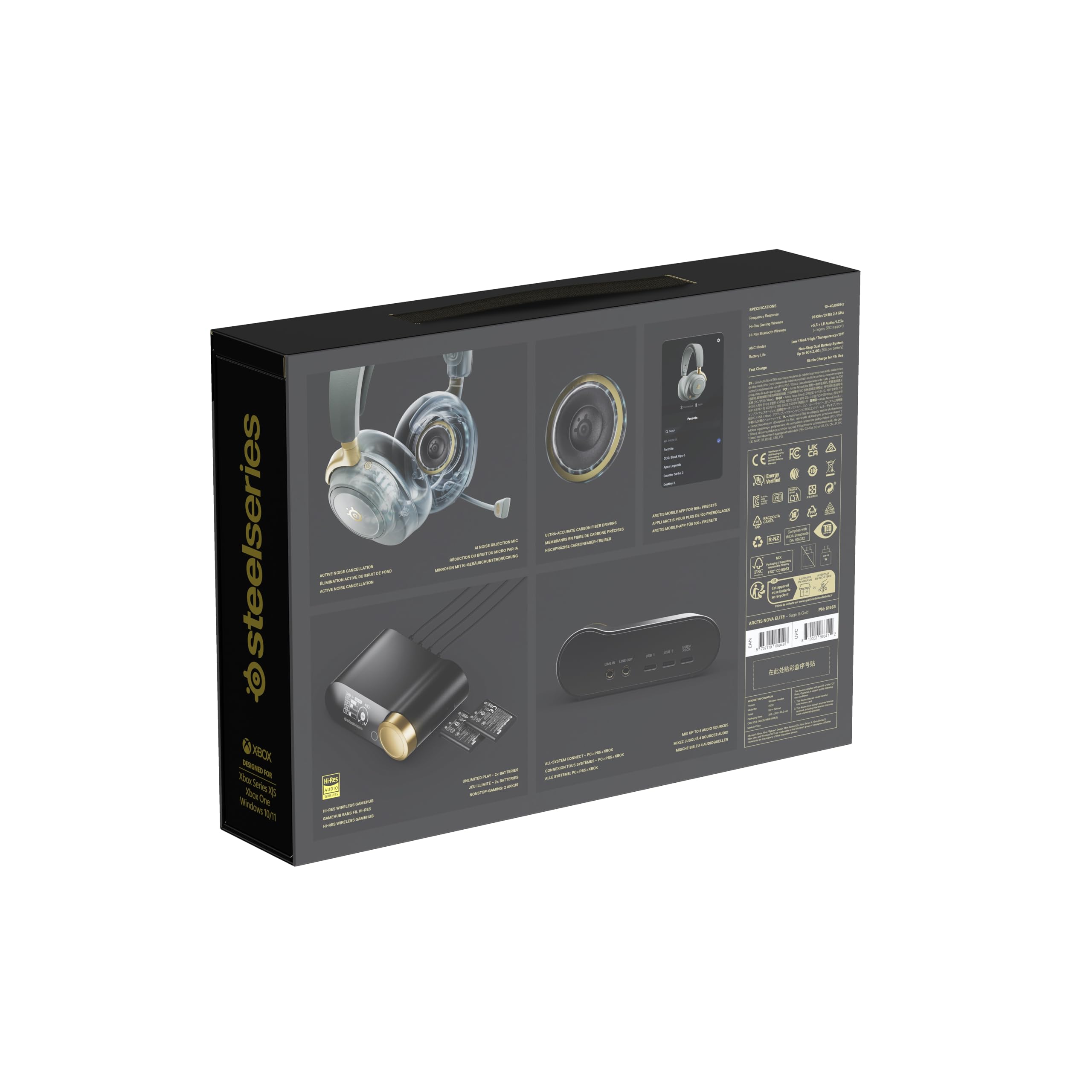 SteelSeries Arctis Nova Elite - Cuffie da gaming wireless - 96kHz/24bit - Speaker in fibra di carbonio - ANC - Eliminaz. rumore con IA - App - 2,4GHz+BT - Multisource; OmniPlay PC+PS+Xbox - Sage&Gold