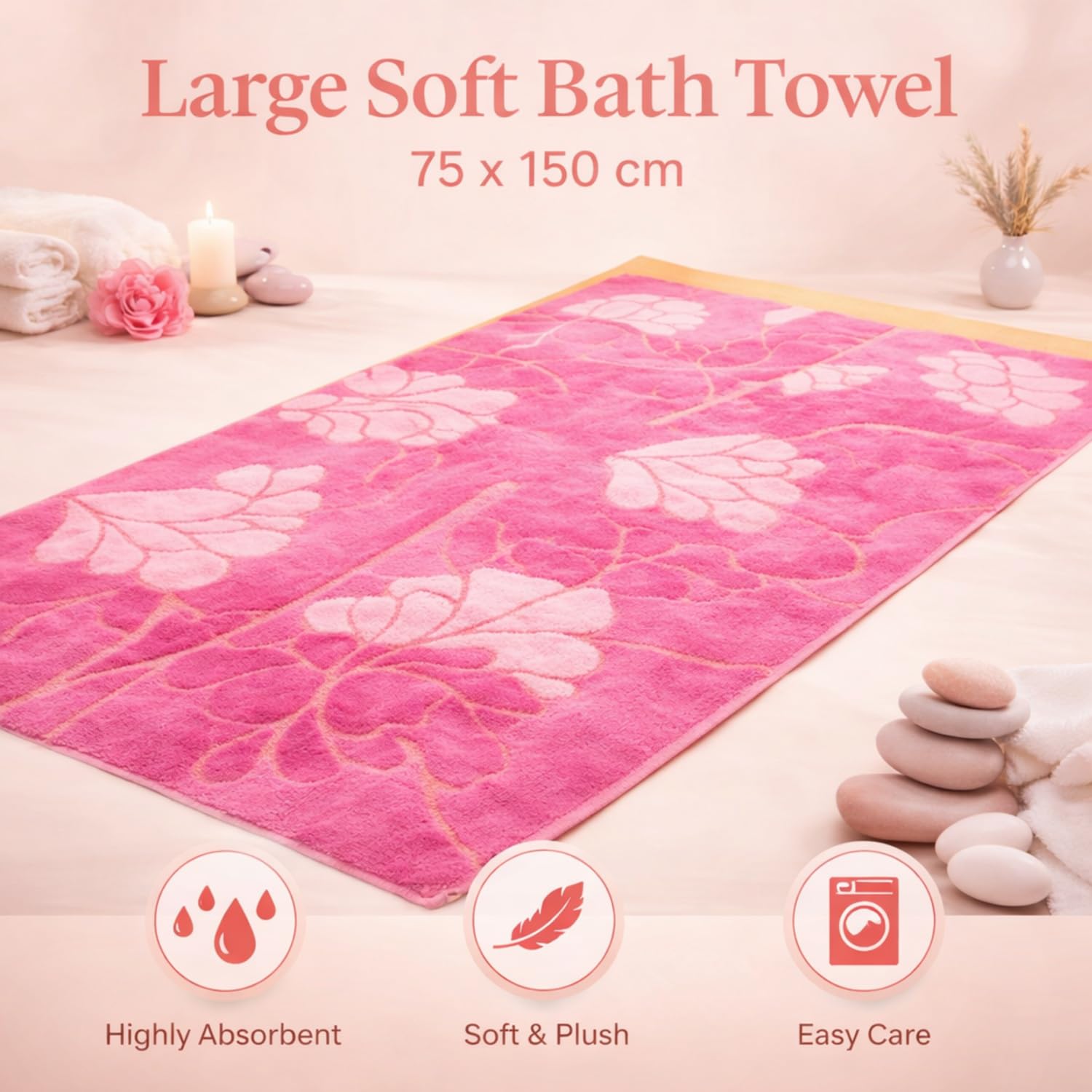DIVINE OVERSEAS Premium 100% Cotton Velour Bath Towel β Super Soft & Highly Absorbent, Designer Pink Flower, Large Size 30 x 60 Inches 4