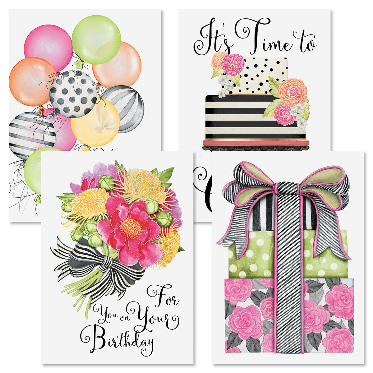 Current Striped Celebration Birthday Cards - Set of 8 (4 designs), Large 5" x 7" Birthday Cards, Sentiments Inside, Envelopes Included