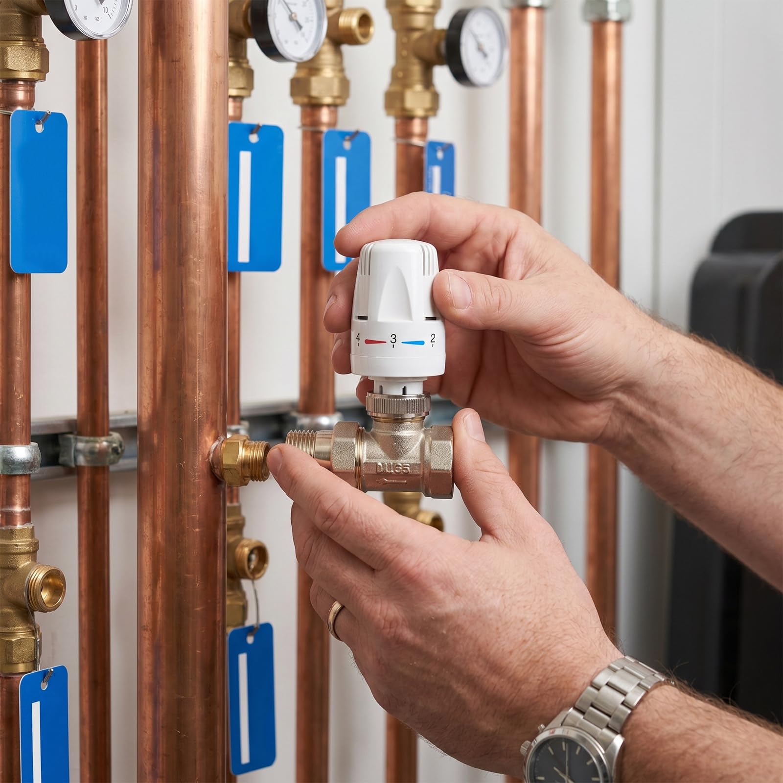 Válvula termostática para radiador, accesorio de calibración de calor para circuito de agua caliente sanitaria, herraje de equilibrado de tuberías DN25 para instalación de calefacción.