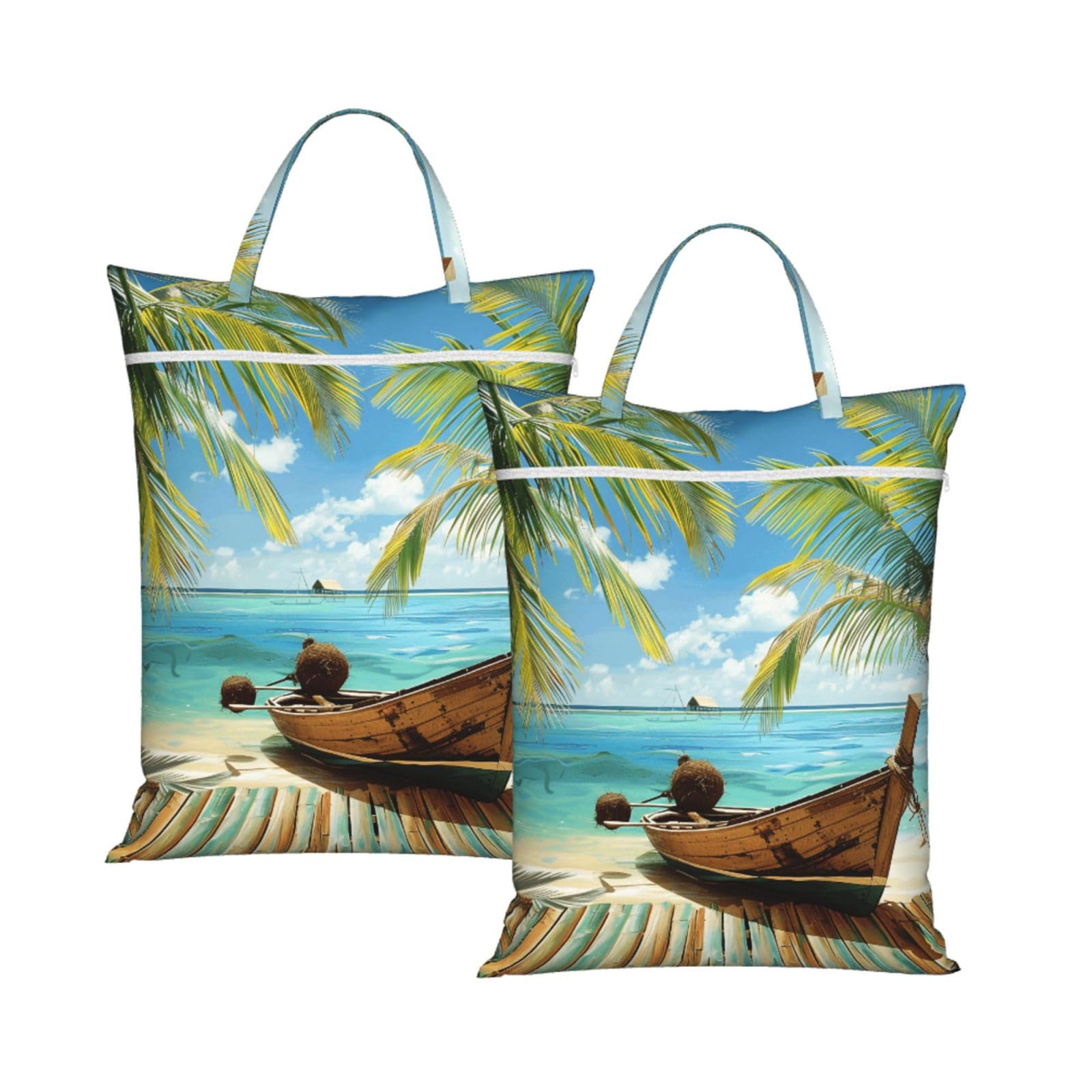Large Travel Laundry Bags,Seaside Boat Coconut Leaves Print with Handle Foldable Laundry Bag for Holidays Gym Swimming and Family Trips, 2Pcs