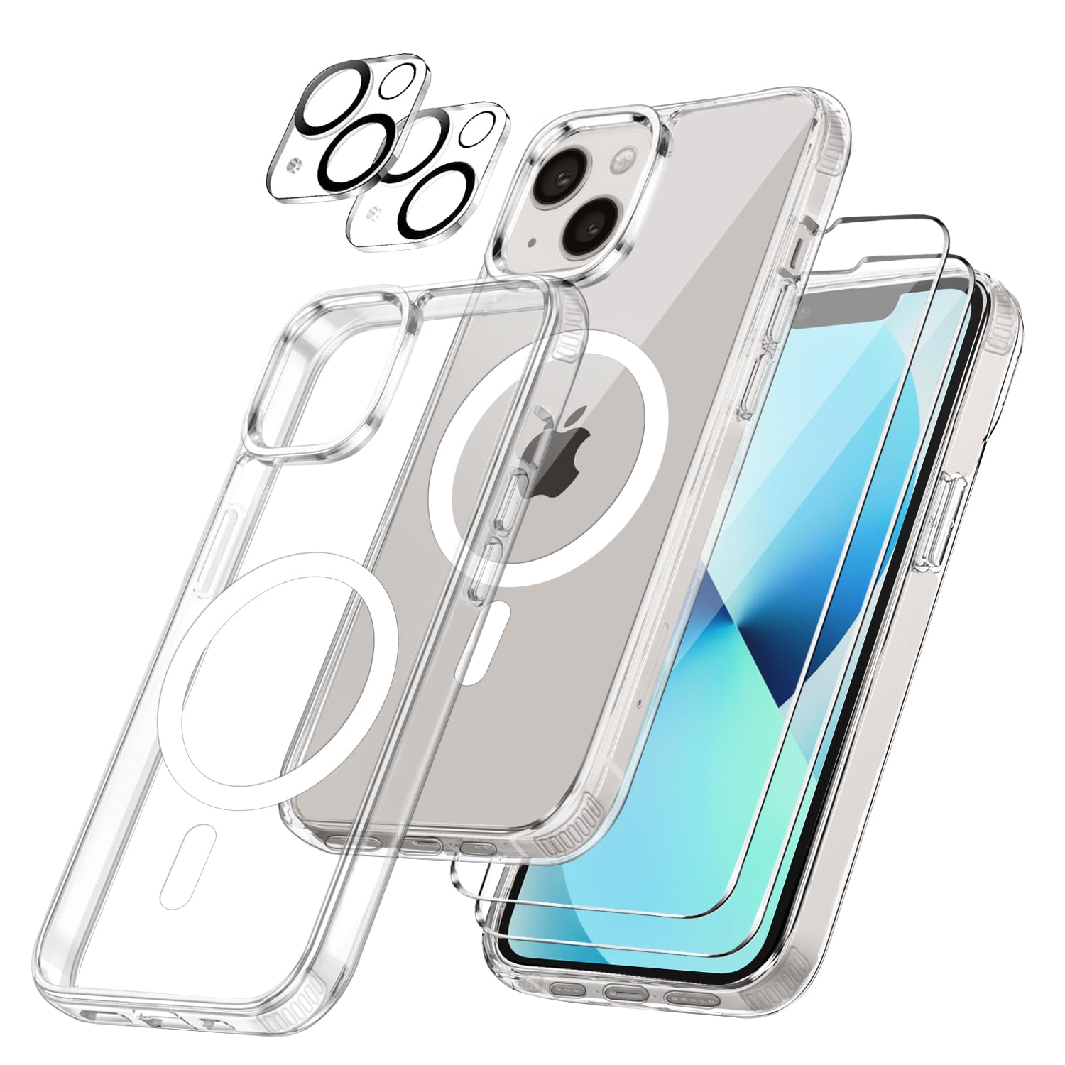 Cover per iPhone 13 Compatibile con 2 vetri temperati e 2 vetri per fotocamera, Trasparente TPU Bumper Shockproof Compatible Magnetic Cover per iPhone 13 - Trasparente