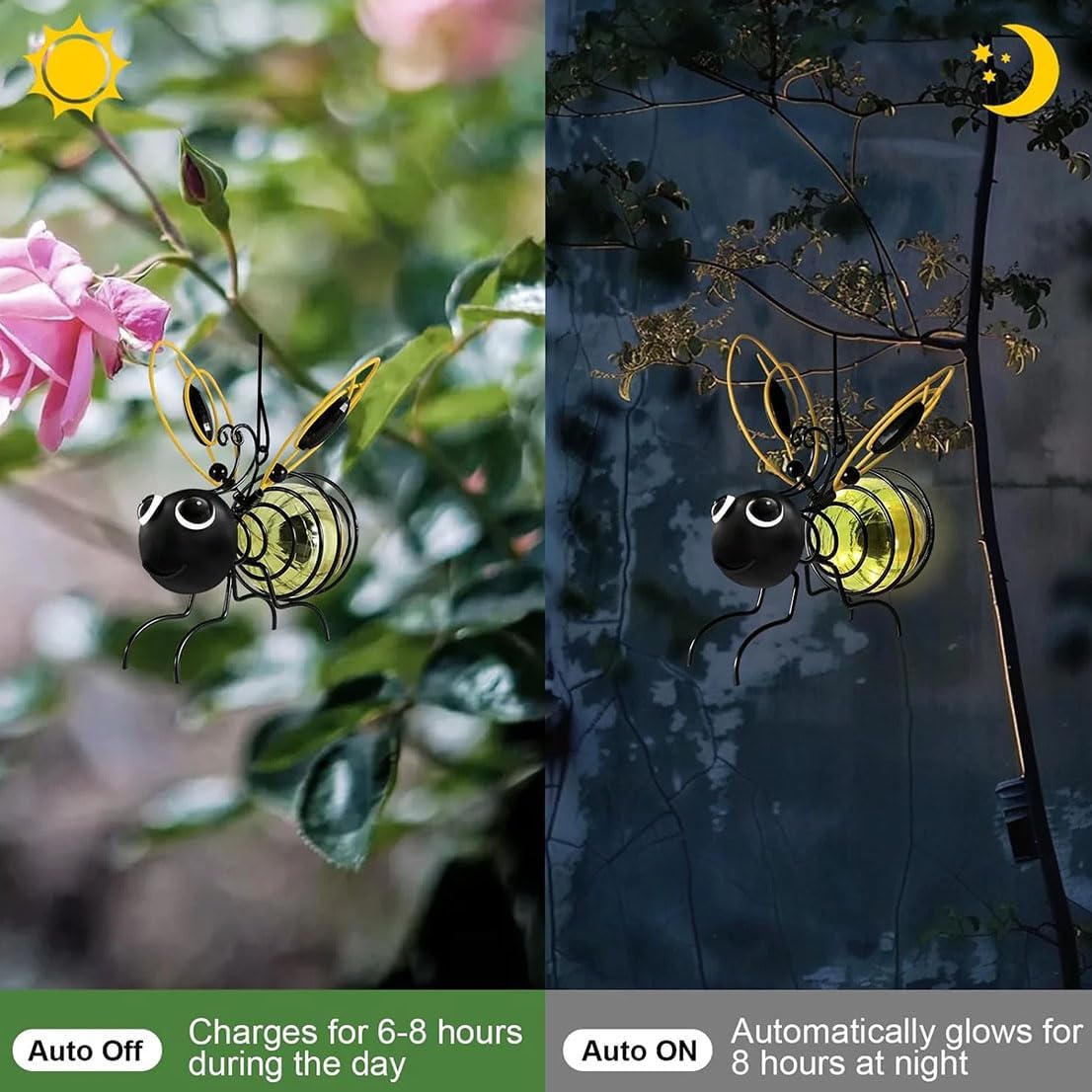 Solar Bee Lights Outdoor, Outdoor Hanging Solar Bee Light, Hanging Bee Solar Garden Lights Decor for Outside, Waterproof Bees Simulation Lights for Patio Balcony Yard Ornament (Gold, 4Pcs)