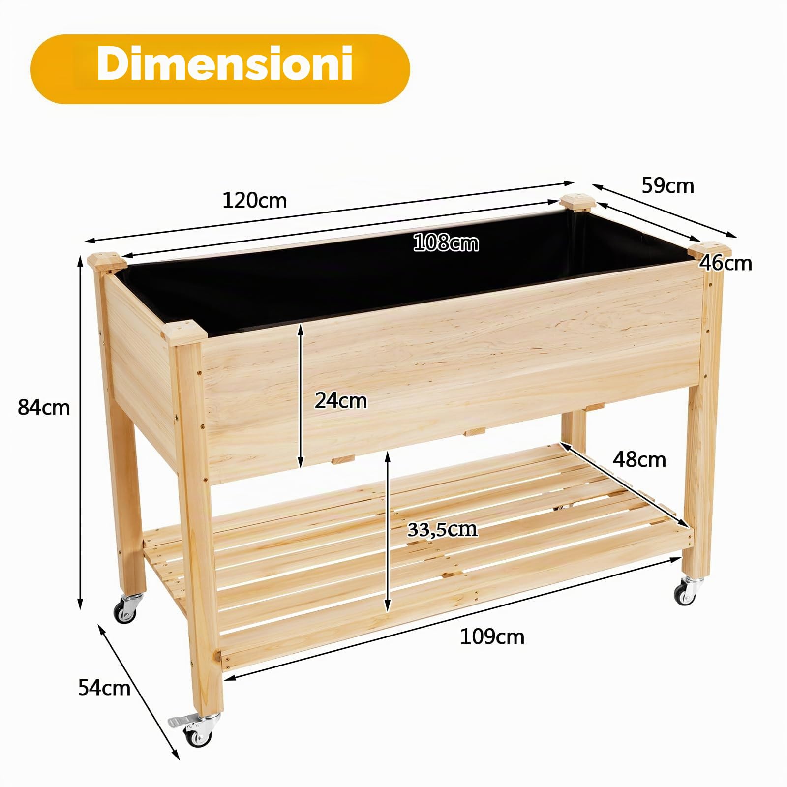 HOMASIS Aiuola Rialzata da Esterno in Legno, Letto da Giardino con Ruote, Vaso per Piante con Fori di Drenaggio e Rivestimento, Fioriera Rialzata da Balcone, Giardino, Terrazza, 120 x 59 x 84 cm