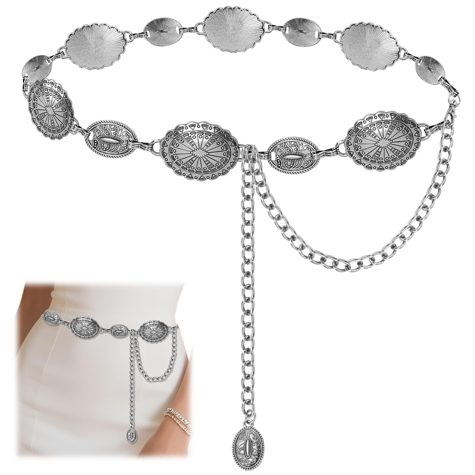 Alabasta Western Belt for Women Concho Chain Belts for Dresses Jeans Country Concert Outfit