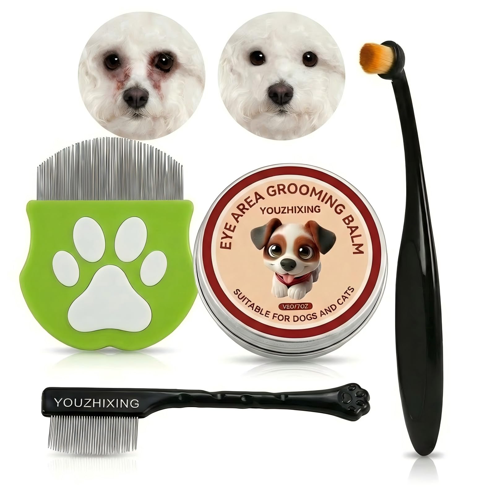 Pet Facial Grooming Kit for Dogs & Cats – Natural Fur Balm & Grooming Tools – Gentle Grooming Set for Maltese, Shih Tzu, Poodles & Cats (black, 4in1)