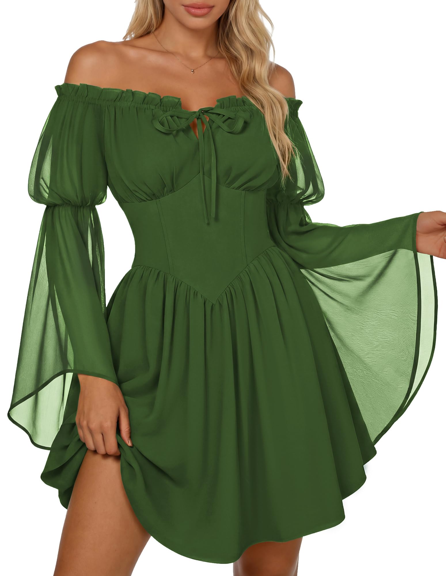 SCARLET DARKNESS Mini abito estivo da donna rinascimentale, spalle scoperte, con lacci, in chiffon, a maniche lunghe