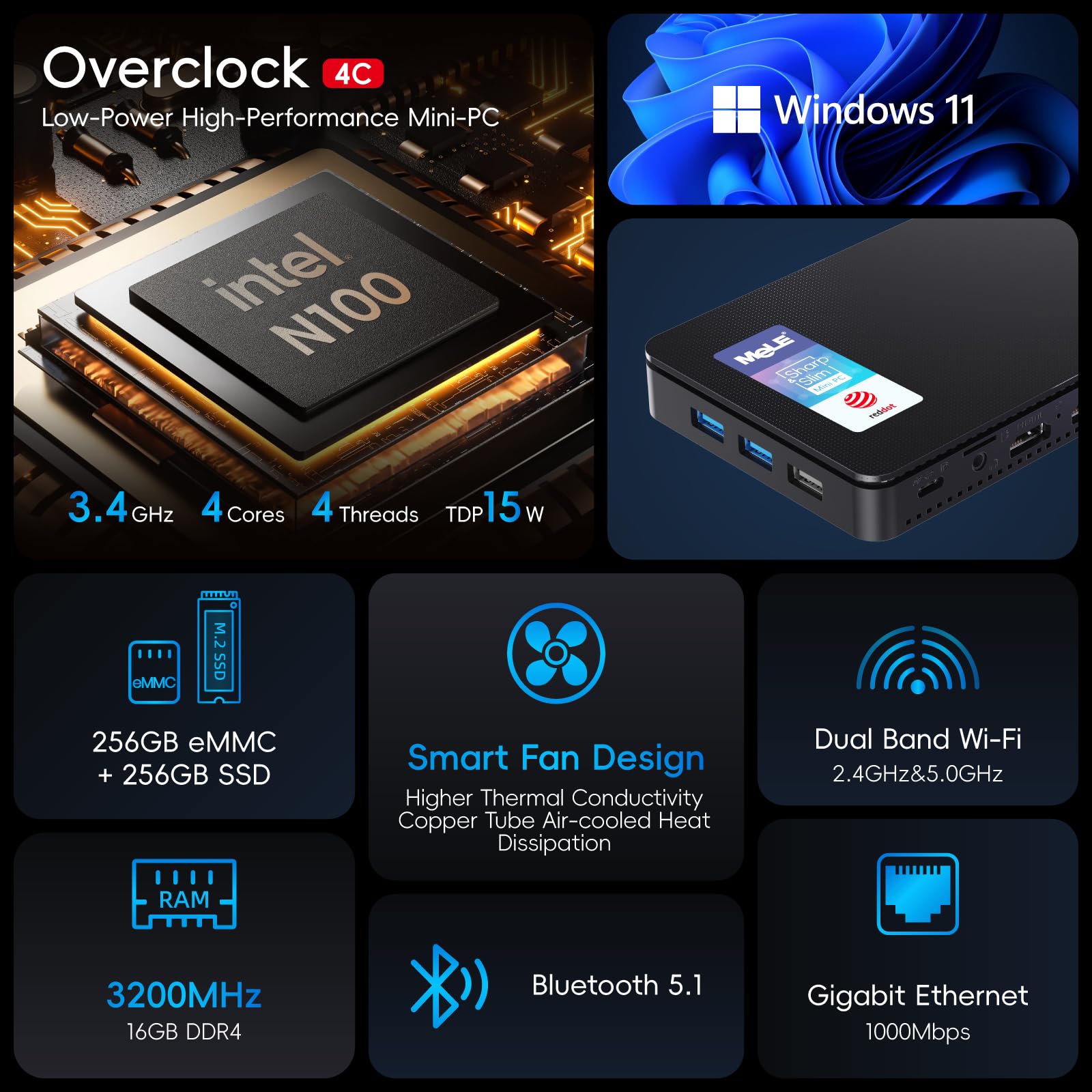 MeLE Mini PC Overclock4C Win11Pro N100(up to 3.4GHz) Alder
