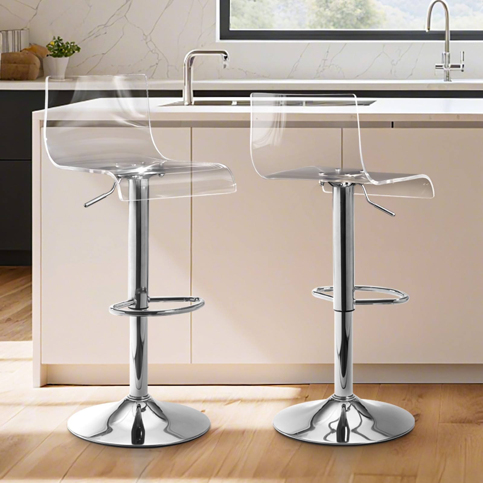 lessmore clear bar stools set of 2, acrylic bar stools swivel, transparent bar stool, silver bar stool adjustable height, modern bar chairs for kitchen, dining room, silver
