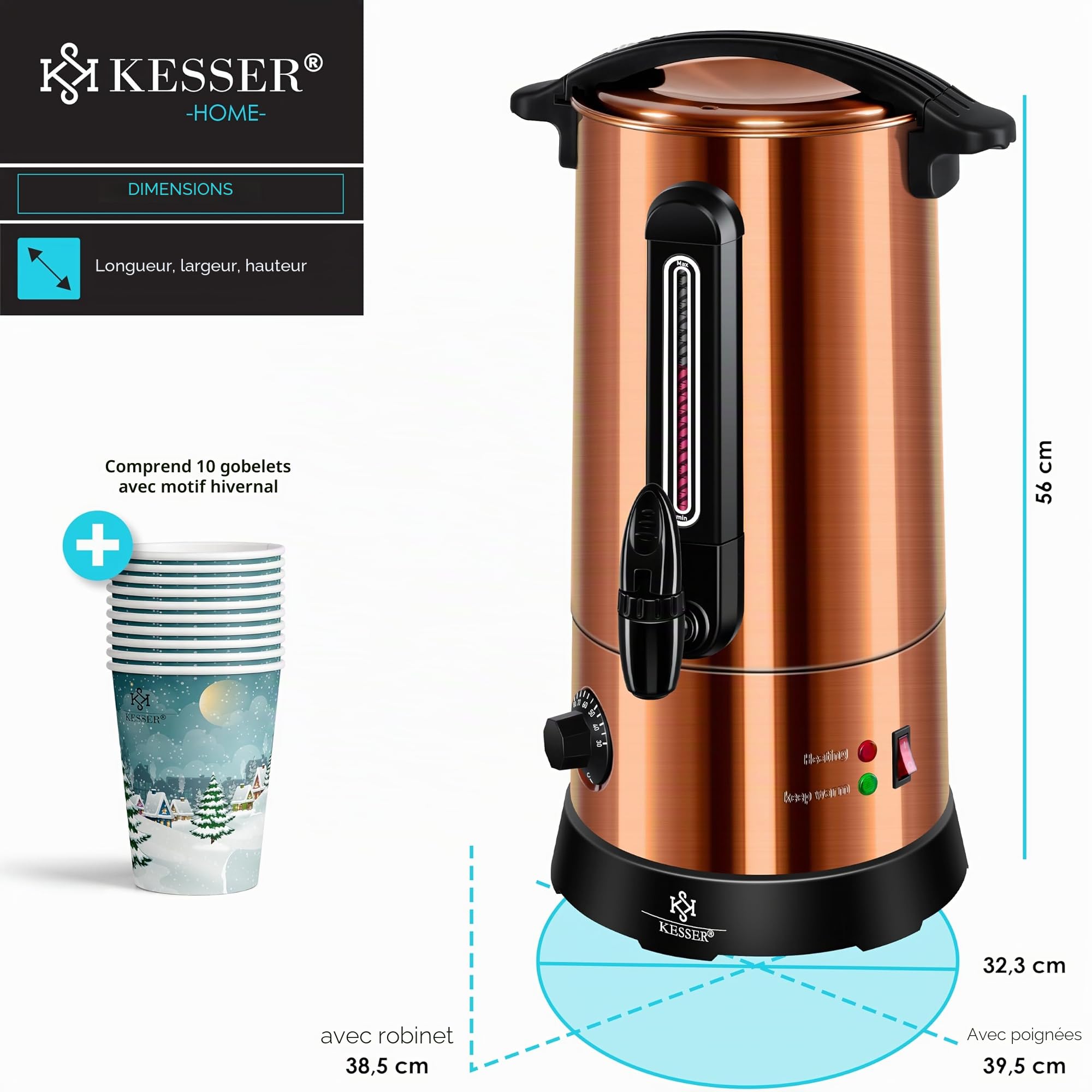 KESSER Bouilloire à vin chaud 6,8/10/20/30 l en acier inoxydable avec gobelet, bouilloire à vin chaud avec thermostat, distributeur d'eau chaude, indicateur de niveau de remplissage, robinet