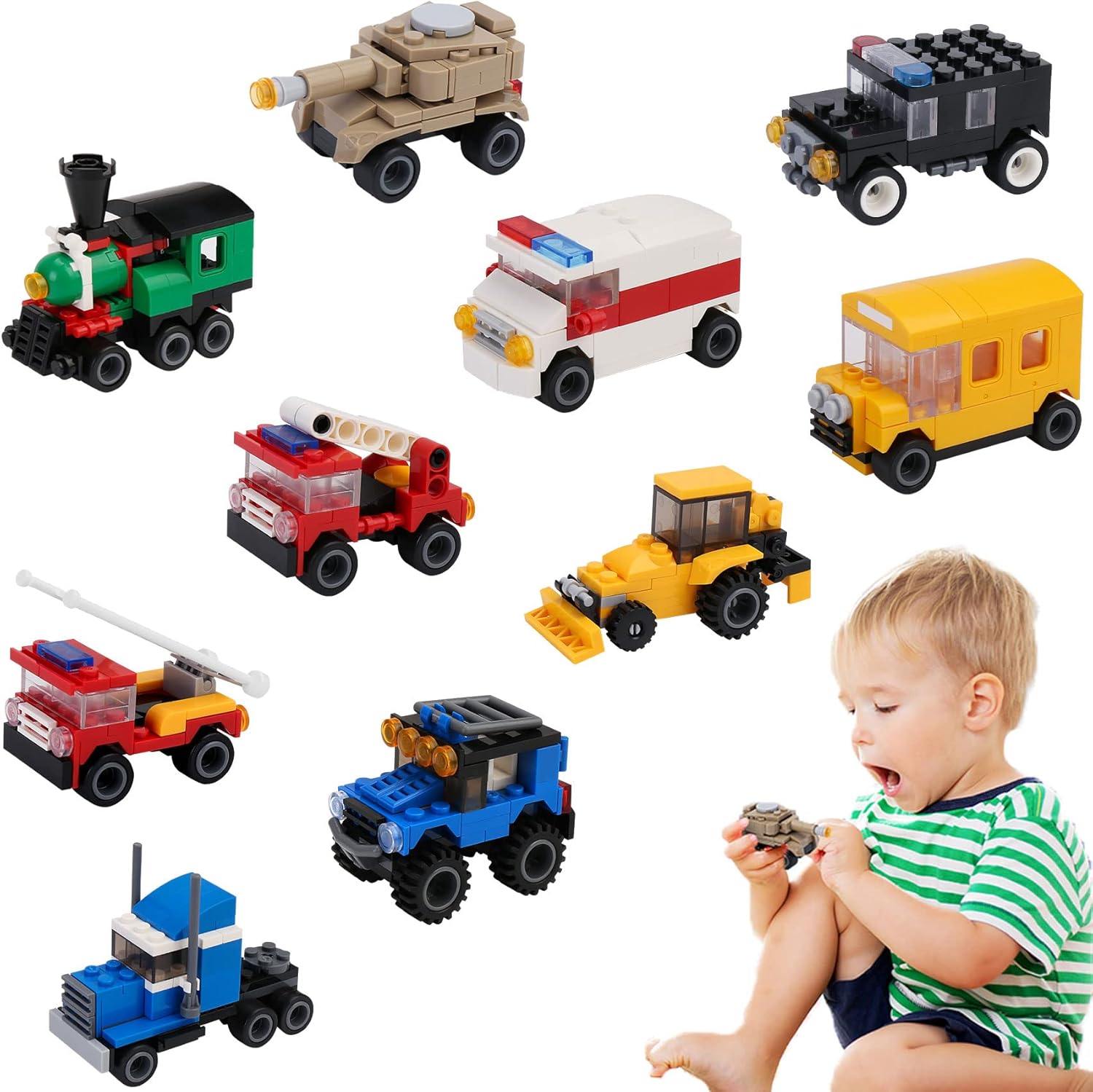 ELVASEN Mini Car Toy Building Block Set, 10 Packs Assembly