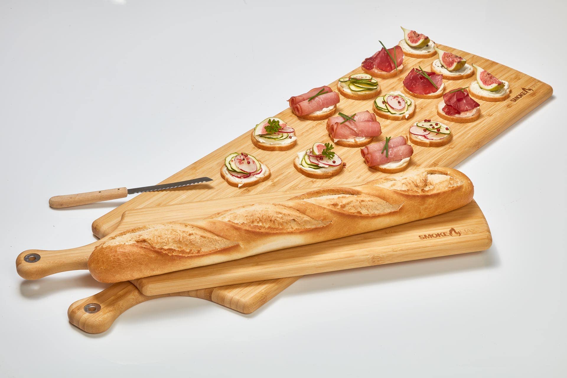 SmokeMax Tabla grande XXL para servir (aprox. 88 x 27 x 2 cm), tabla de diseño de madera de bambú natural (100% aceitada con aceite de oliva natural)