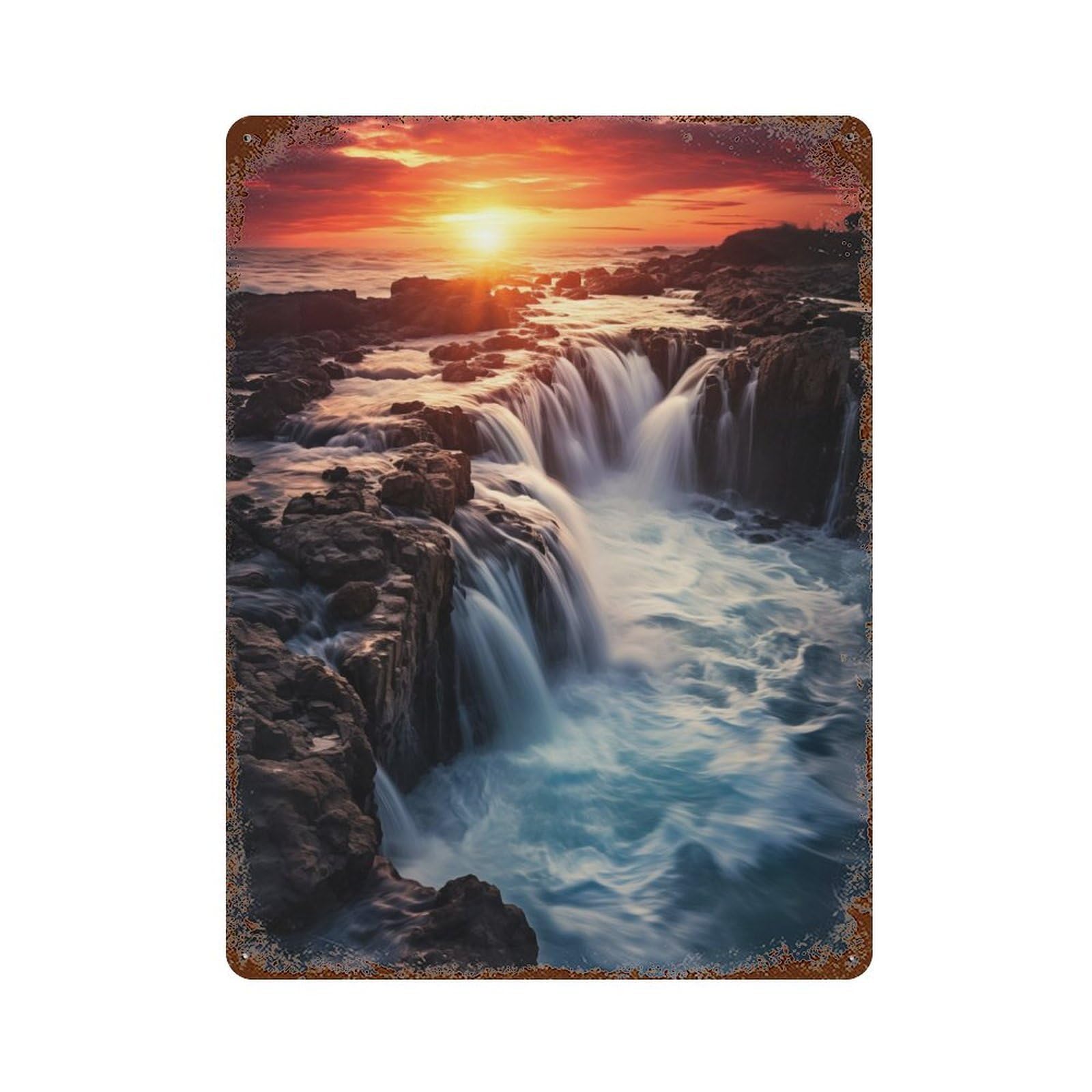 Waterfall at Sunset Vintage Wall Sign 15.7"x11.8", Rust Effect Metal Decor for Basement, Hobby Room And Garage Decor