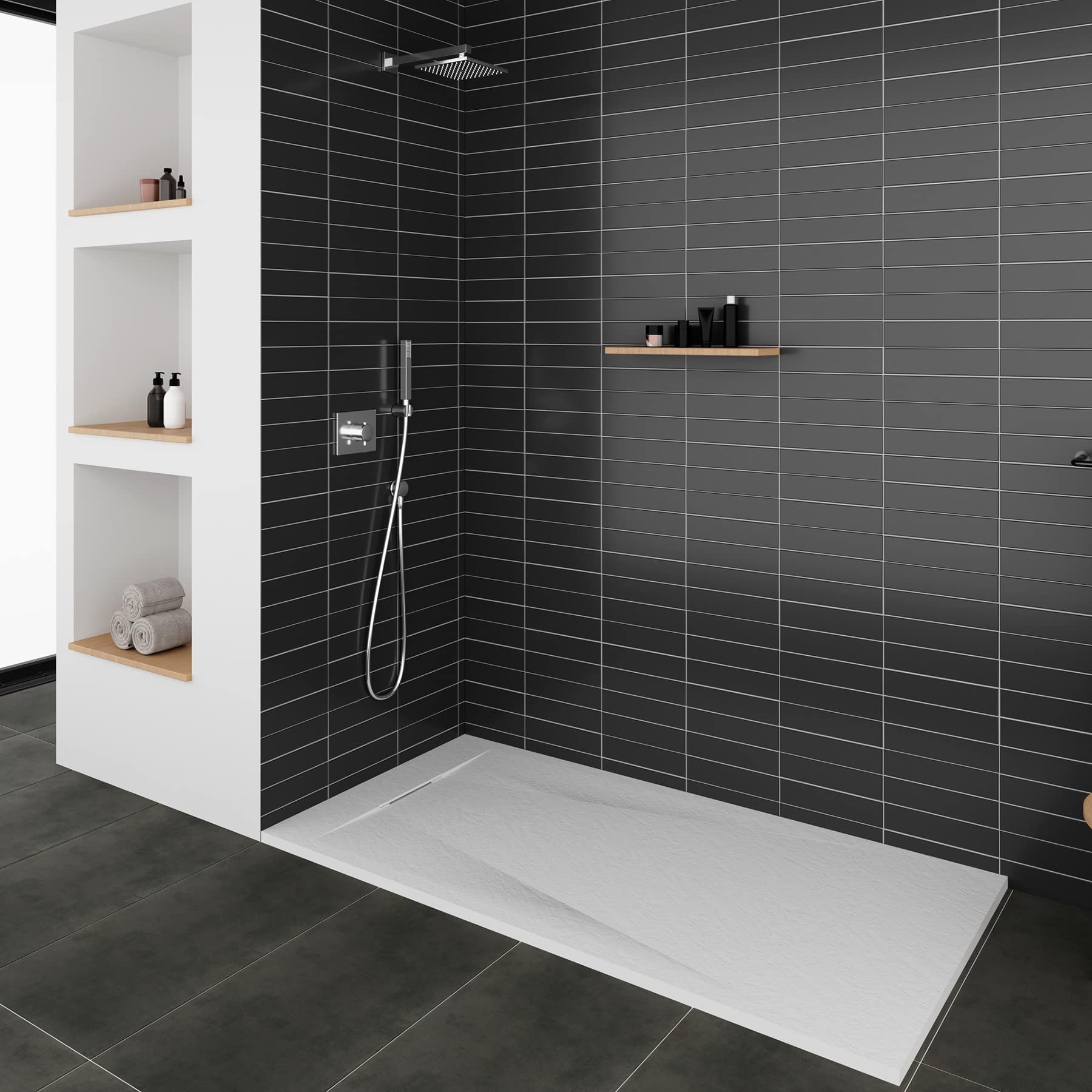 POLAR Receveur de douche blanc extra-plat antidérapant texture pierre 90 x 120 cm + bonde