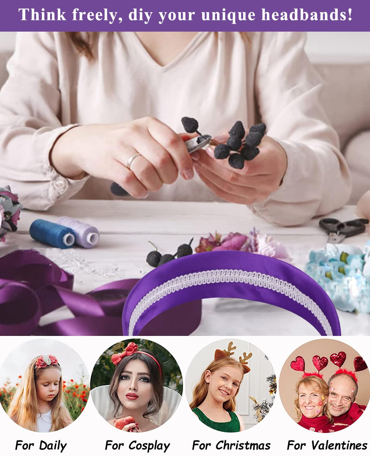Wecoe Fascia Per Capelli Larga In Raso Di Seta – Blu Scuro 4,1 Cm – Elasticizzata E Antiscivolo – Fai Da Te Con Perline E Fiocchi