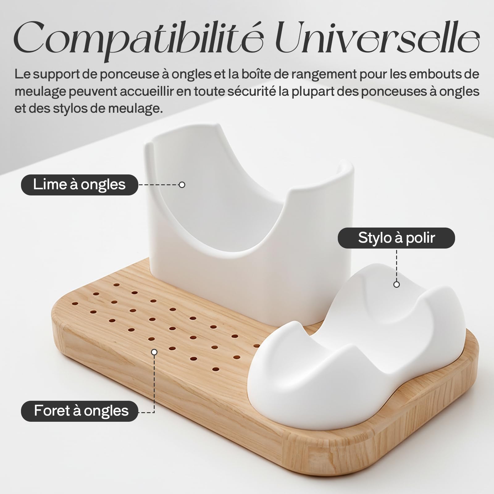 MagiDeal Support en Bois pour Ponceuse à Ongles, 3 en 1 boîte de Rangement pour Forets à Ongles, 24 Trous Porte-Embouts à Ongles Outils de Manucure, Base en Bois, Support Facile D'accès pour Manucure