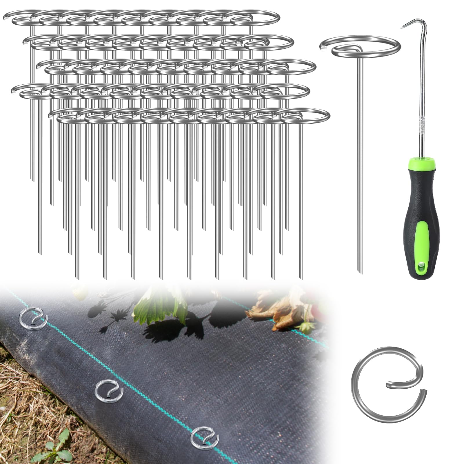 PAMASEGarden Stakes with Pick Hook - 11 Gauge 6in Heavy Duty Landscape Staples with Remove Tool, 60pcs Galvanized Circle Top Ground Pins for Weed Barrier Plant Cover Sod Fabric