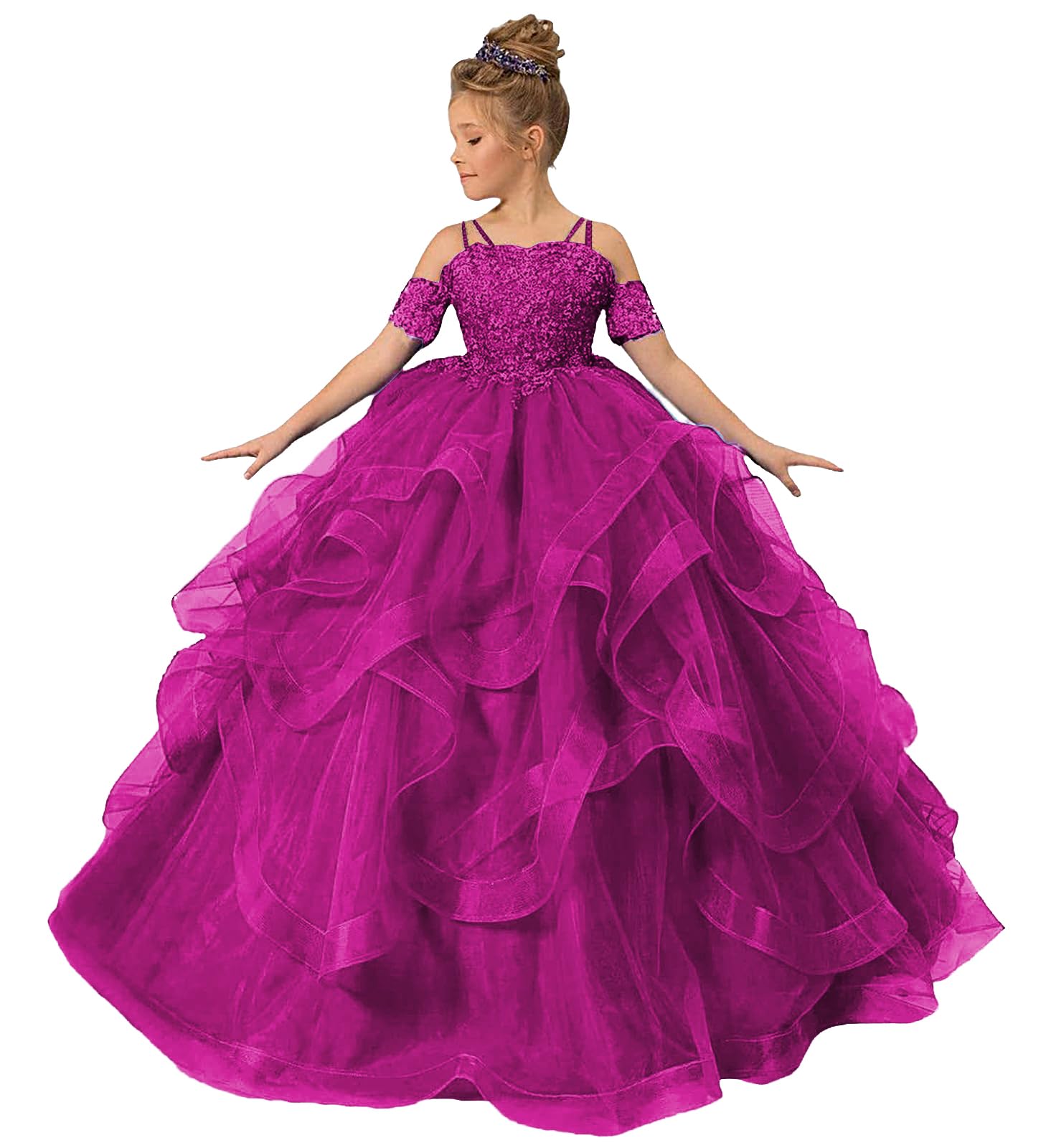 Tulle Flower Girl Dresses for Wedding Lace Applique Princess Ruffles Pageant Dress Long Party Ball Gown