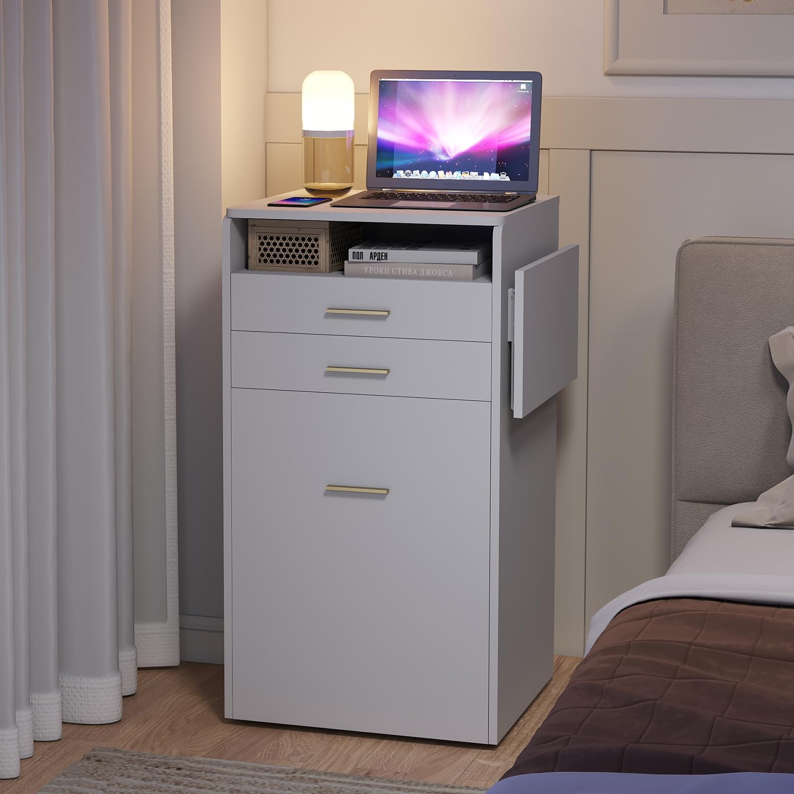 YU YUSING Coiffeuse 3 en 1 avec Miroir LED Rabattable 50-75cm, Tabouret de Rangement, 2 Tiroirs et Plateau en Verre, Table de Maquillage Gain de Place, Petite Coiffeuse en Bois, Moderne, Blanc