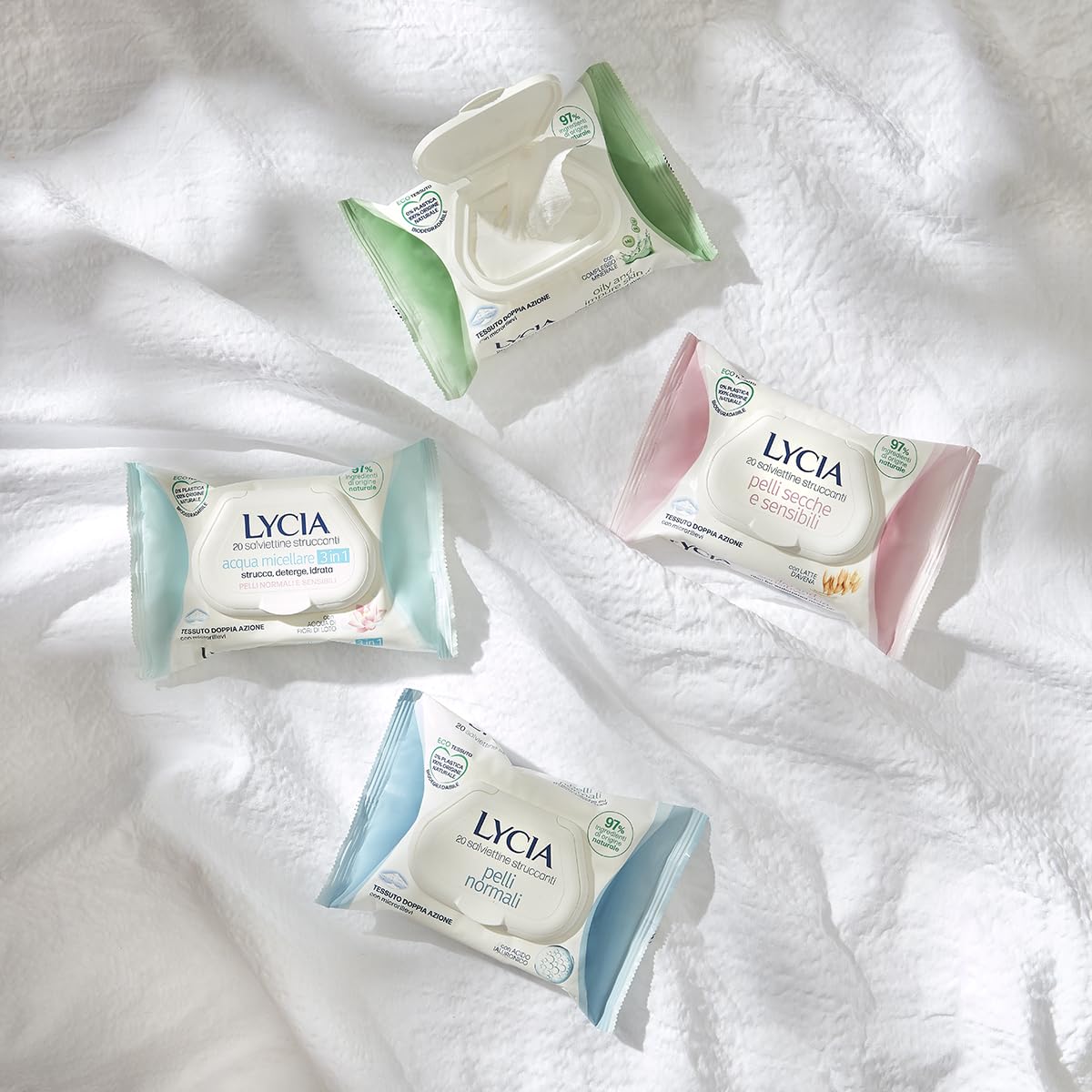 Lycia, Salviette Struccanti per Pelle Secca e Sensibile con Prebiotico e Latte d'Avena, Eco Tessuto Doppia Azione Biodegradabile, Formula Idratante, Protezione della Barriera Cutanea, 20 pezzi