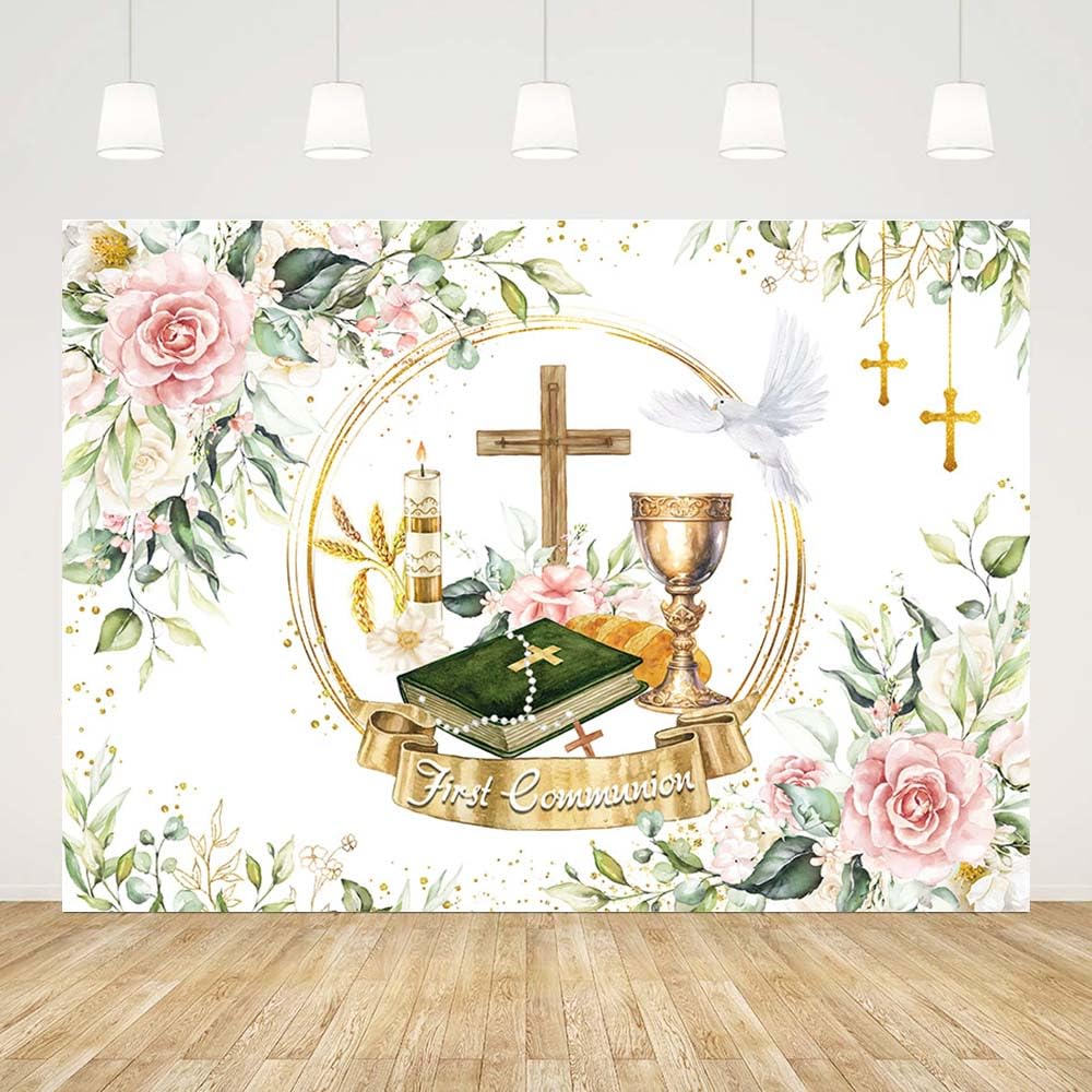 AIBIIN 7x5ft First Communion Backdrop Baptism Backdrop Decorations First Communion Decorations Primera Comunion Decoraciones Pink Floral Pampas Photo