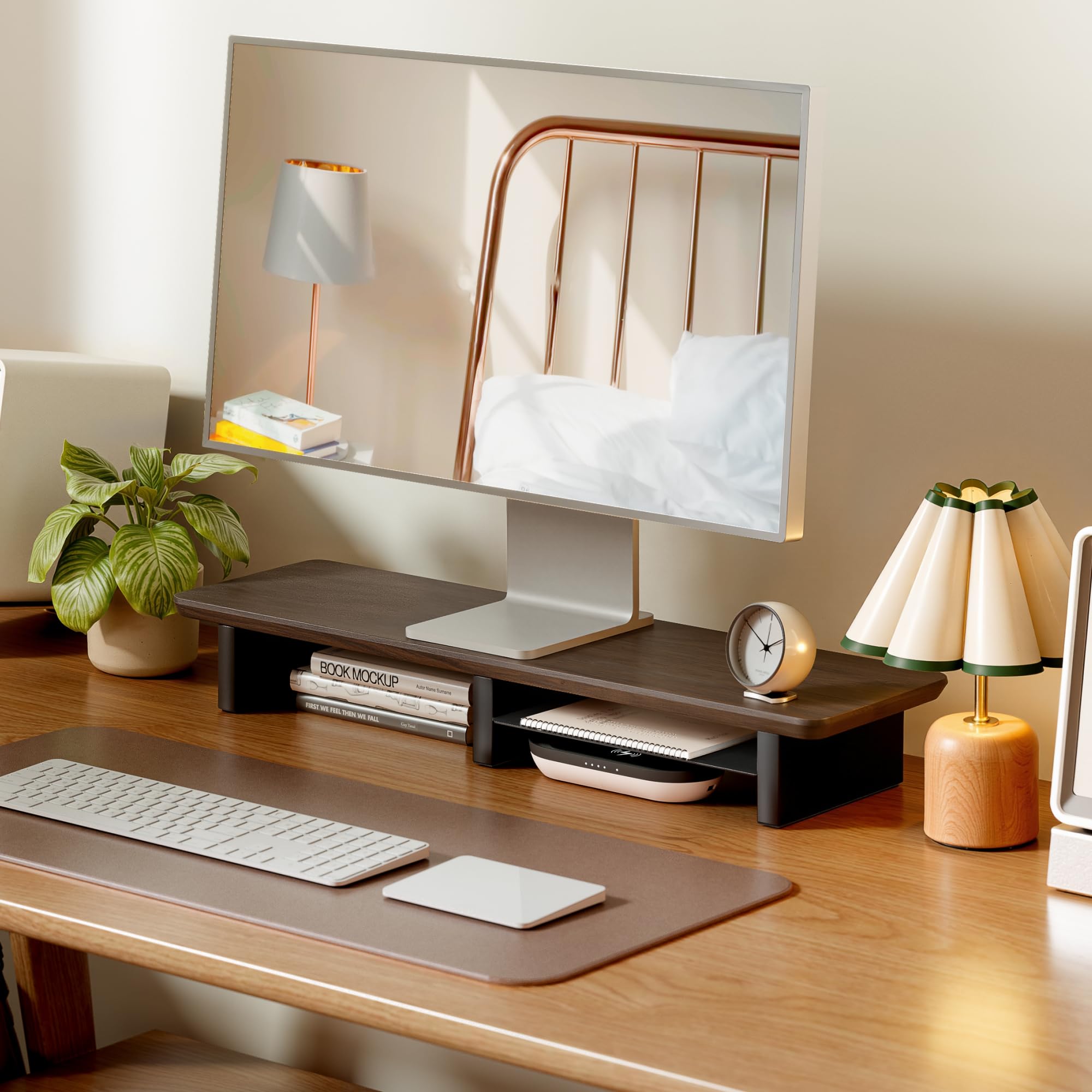PEGZONE Rialzo per doppio monitor con ripiano in metallo integrato, grande ripiano da scrivania in legno di noce per 2 monitor/TV, ampio supporto per monitor lungo per scrivania, supporto per monitor