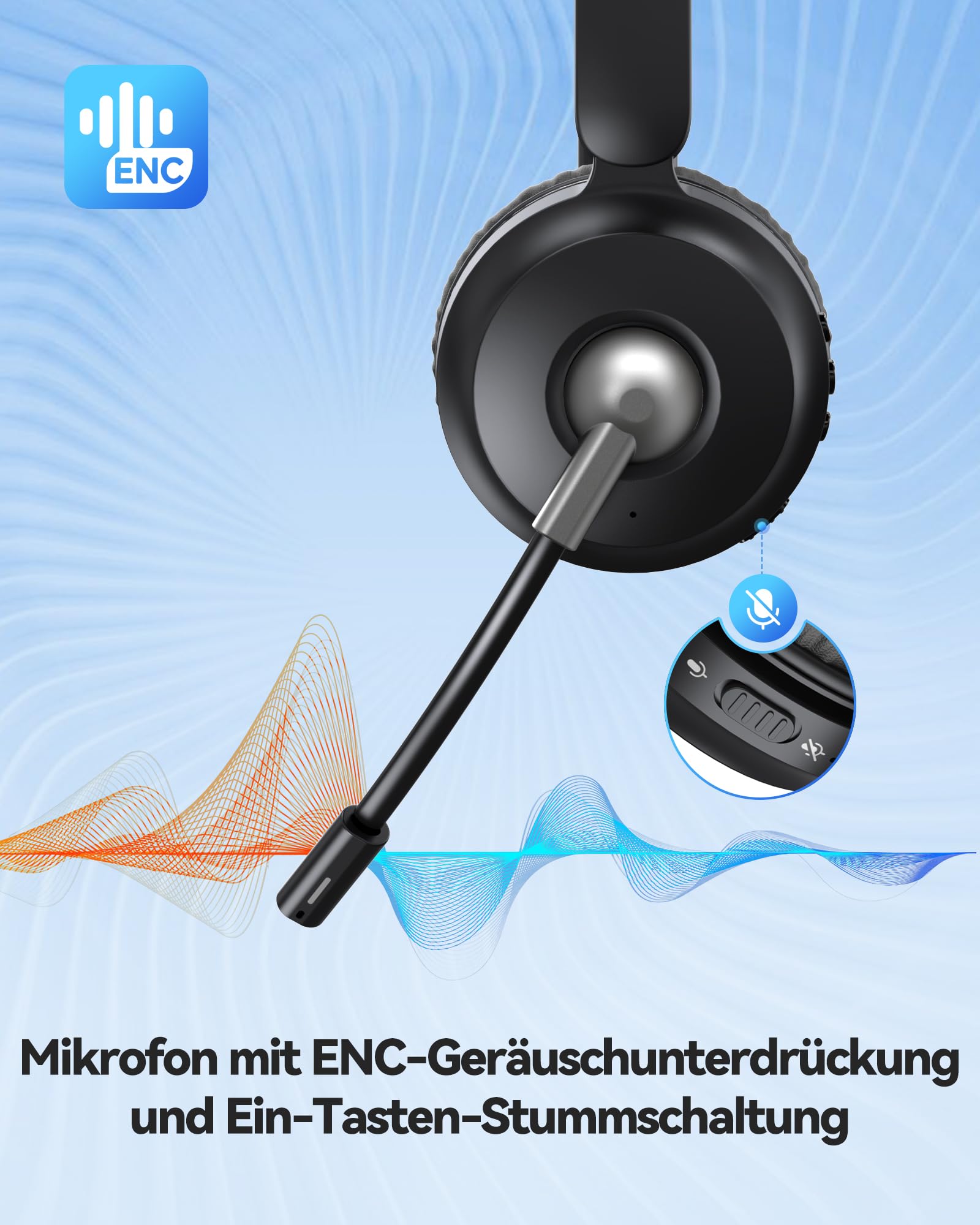 TECKNET V6.0 Bluetooth Headset mit Mikrofon, kabellos Headset mit ENC-Störunterdrückung&EIN-Tasten-Stumm, aufladbare kabellose Kopfhörer mit Ohrumschluss, 50h Akku Büro, Trucker, Callcenter – Schwarz