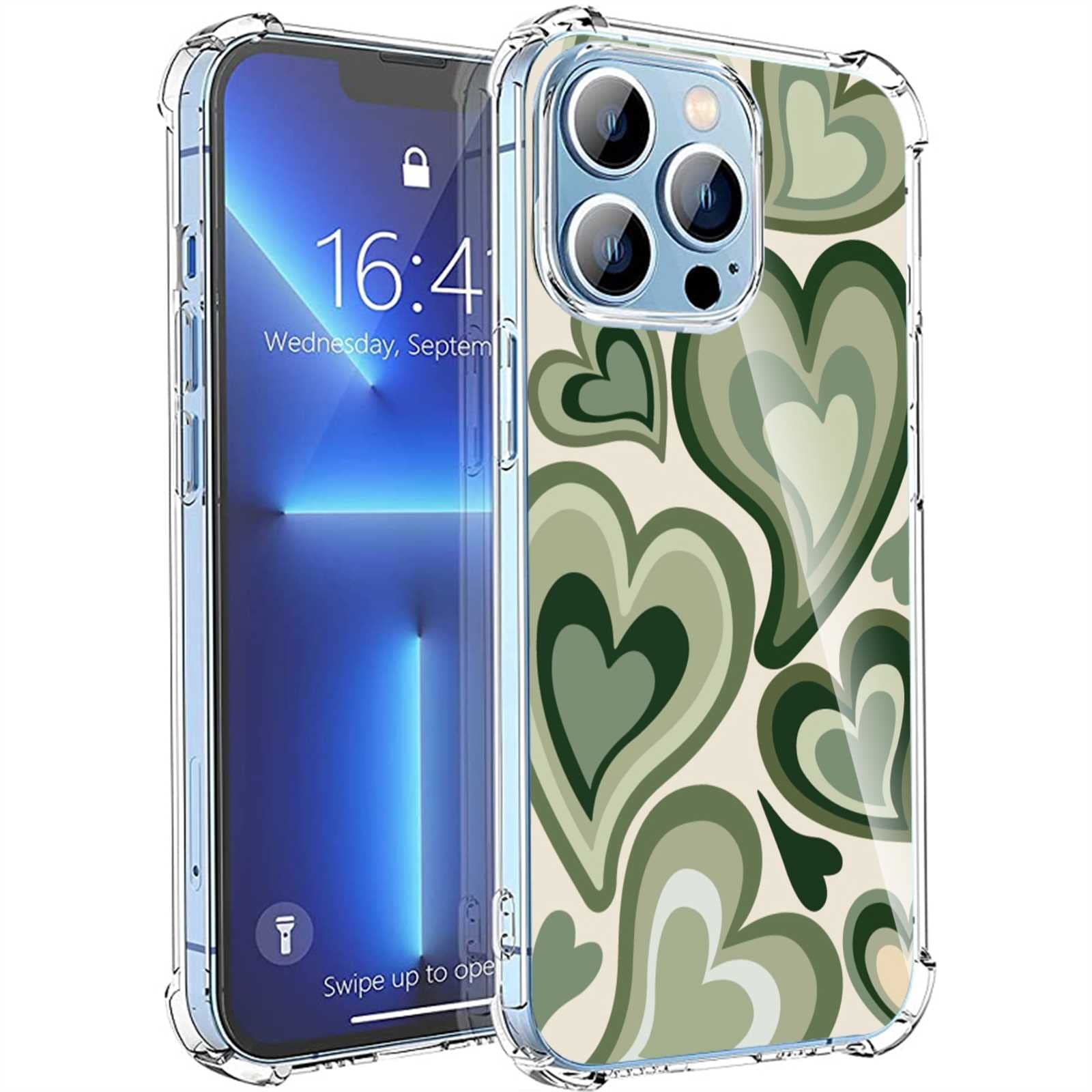 MAXBUS Compatible with iPhone 14 Pro Heart Case, Sage Green Love Hearts Coffee Latte Swirls Graphic for iPhone Case Women Girls, Stylish Soft TPU Valentines Gifts Case for iPhone