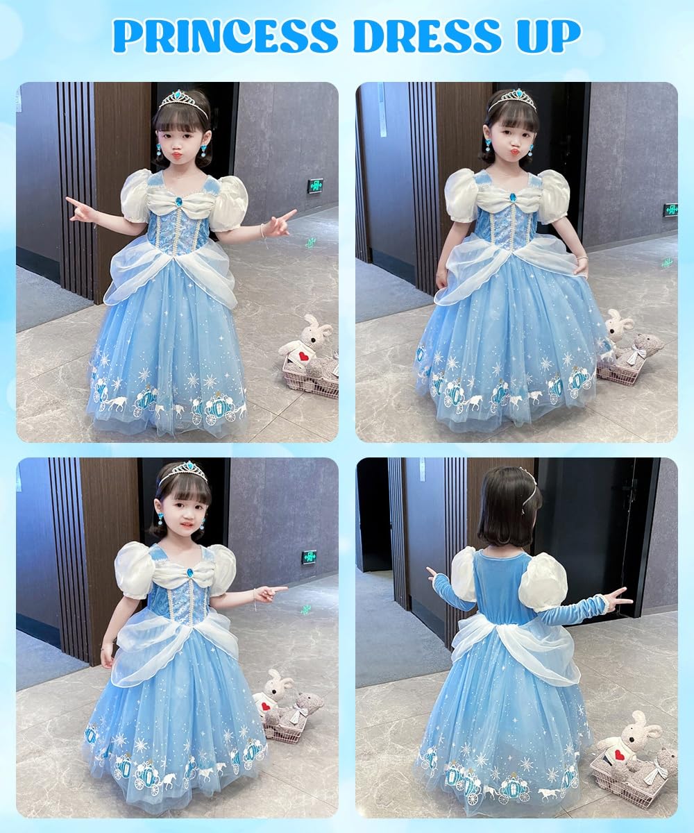 Vestito Cenerentola Bambina, Cenerentola Vestito Principessa con Set Corona Principessa, Cenerentola Costume Carnevale per Regalo Bambina, Vestito Cenerentola per Compleanno Cosplay