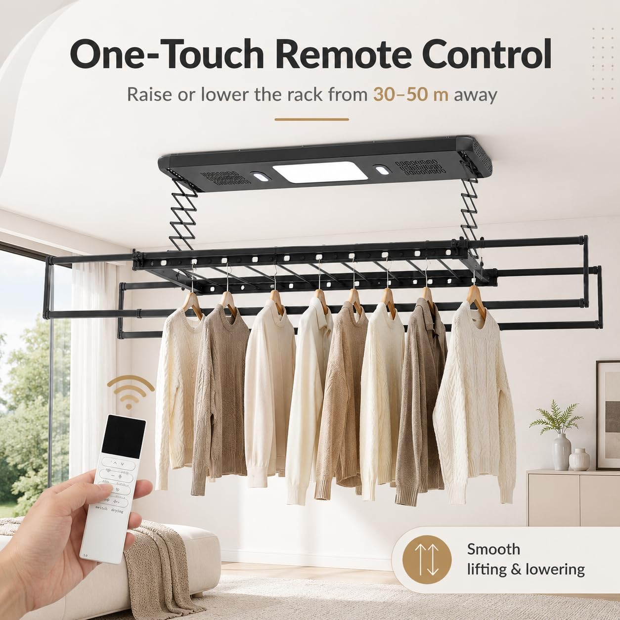 Stendibiancheria elettrico da soffitto con telecomando e luce LED, lunghezza e altezza regolabili, stendibiancheria a parete e soffitto, per famiglie, balconi, appartamenti (nero)