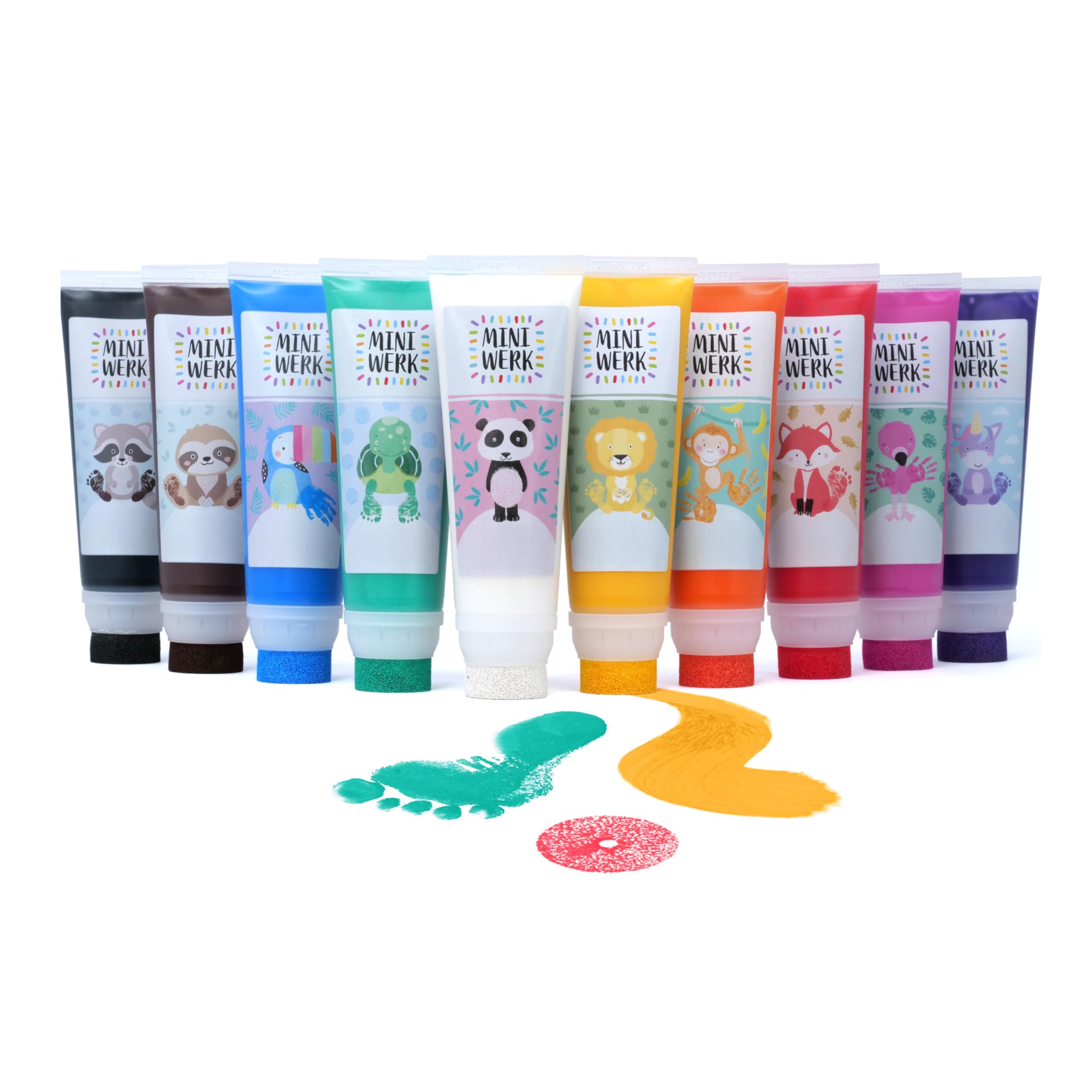 Miniwerk Mal- und Abdruckfarbe 10er Set mit Schwammaufsatz - 10 Malfarben auf Basis natürlicher Rohstoffe, schadstofffrei wie Fingerfarbe - Baby Handabdruck Set, Fußabdruck Baby