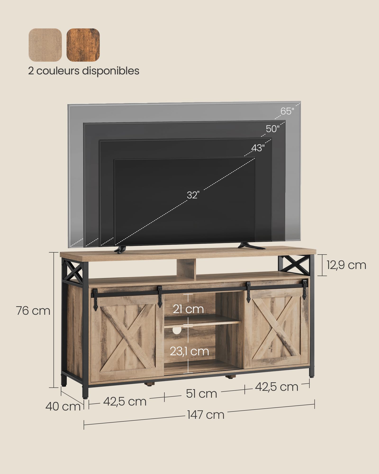 VASAGLE Meuble TV, Support pour Téléviseur Jusqu’à 65 Pouces, avec Étagères Réglables, Portes Imitation Grange, Style Rustique, Cadre en Métal, Marron Camel et Noir Simple LTV071B50V1