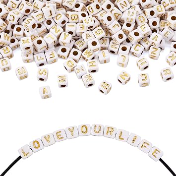FASHEWELRY 500Pcs White Acrylic Cube Letter Beads 4.5x4.5x4.5mm Golden Alphabet A-Z Spacer Beads for DIY Bracelet Necklace Jewelry Making