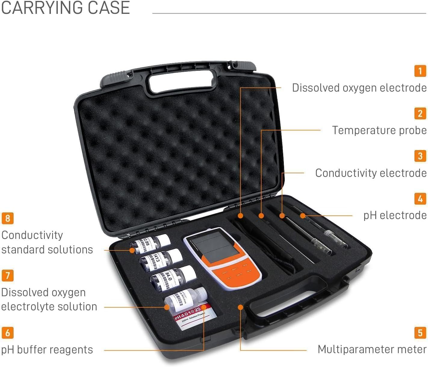 Portable Multi-Parameter Water Quality Meter PH/Conductivity/Dissolved Oxygen Tester with Standard Solutions 500 Data Memory USB Interface Automatic Temperature Compensation Auto-Read Function