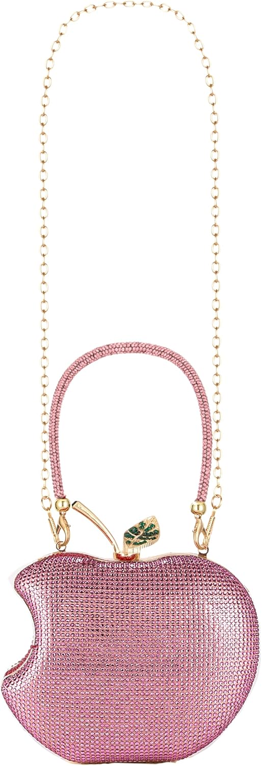 Rhinestone Apple-Shaped Evening Clutch Purse for Women, Crossbody Bag with Detachable Chain