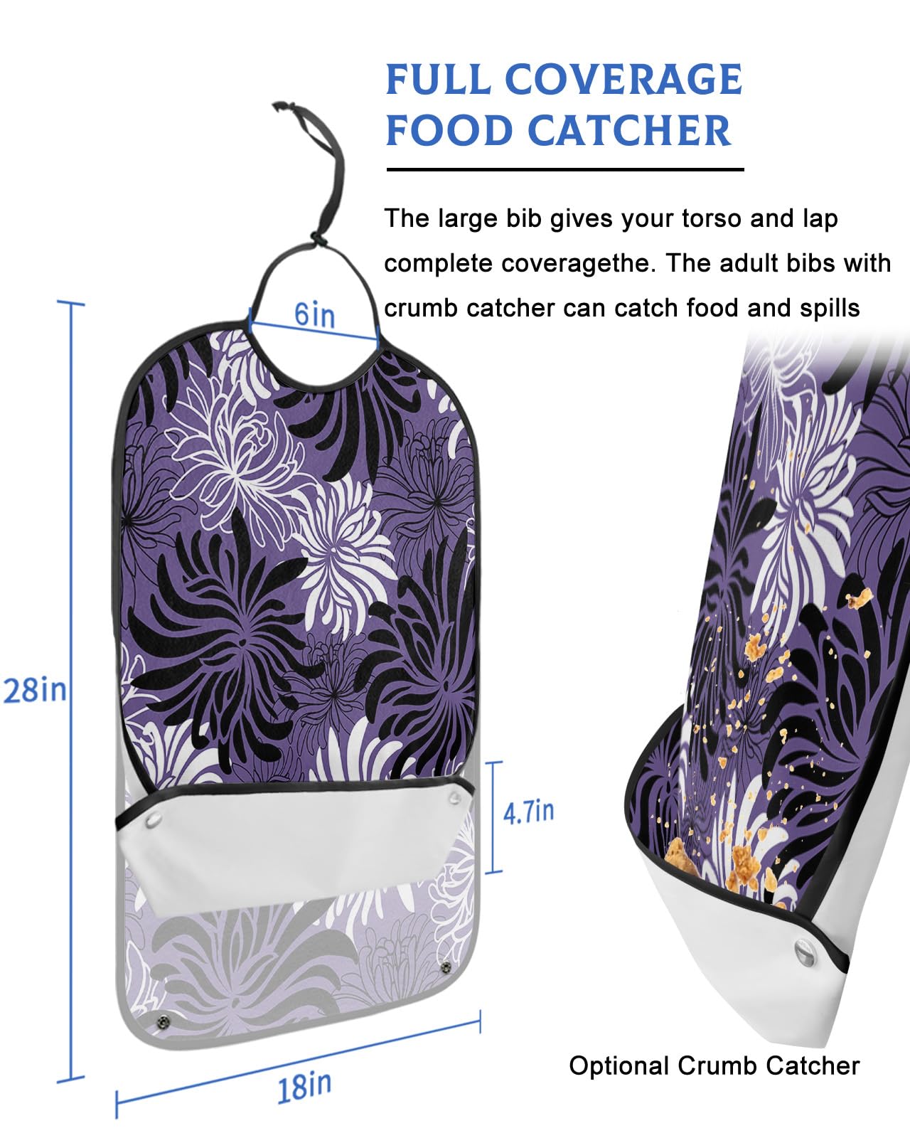 Purple Black White Spring Floral Adult Bibs for Eating, Waterproof Bibs with Food Catcher & Adjustable Snap Closure, Modern Abstract Aesthetics Clothing Protectors Adult Bibs for Elderly Women/Men