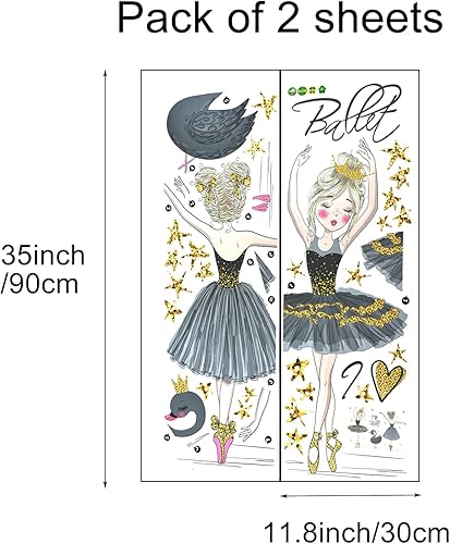 Miniatura 2 de Pinenjoy Calcomanías artísticas para pared de ballerina y cisne negro, 48 x 31 pulgadas, vinilo extraíble para decoración de pared para niñas,