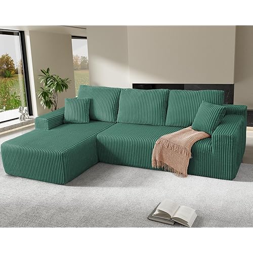 105" Cloud Sectional Couch, L-Shaped Modular Sectional Sofa with Deep Seat, Boneless Couches for Living Room Bedroom, Corduroy Upholstery Green, Left Facing Chaise