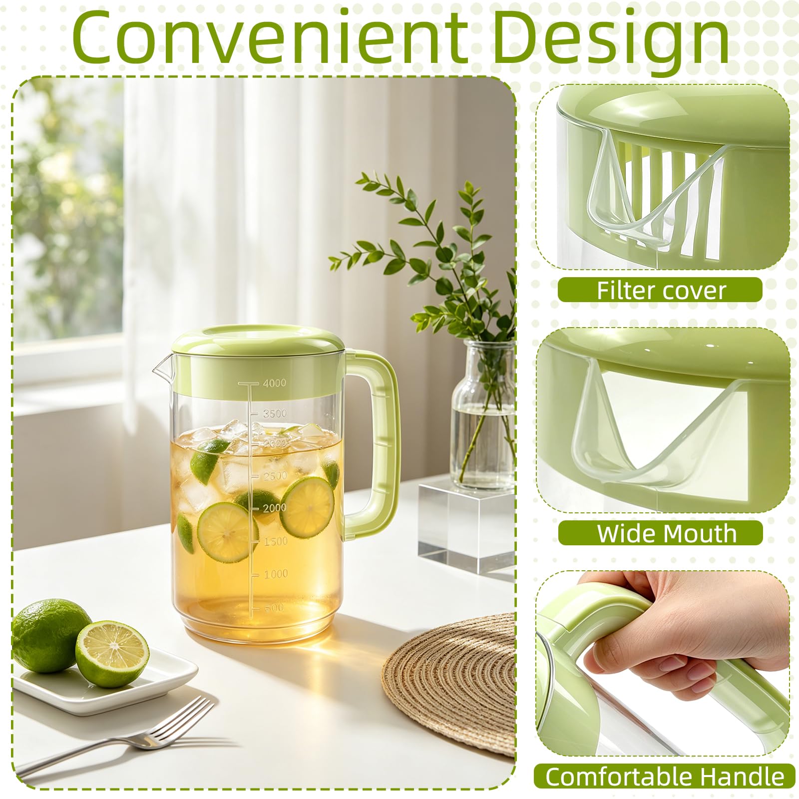 Nexboraque Paquete de 2 jarras coladoras de plástico de 1 galón con tapa, jarra de agua grande con asa y medidas para bebidas frías, jarra de té helado para limonada, leche, jugo, bebidas, verde