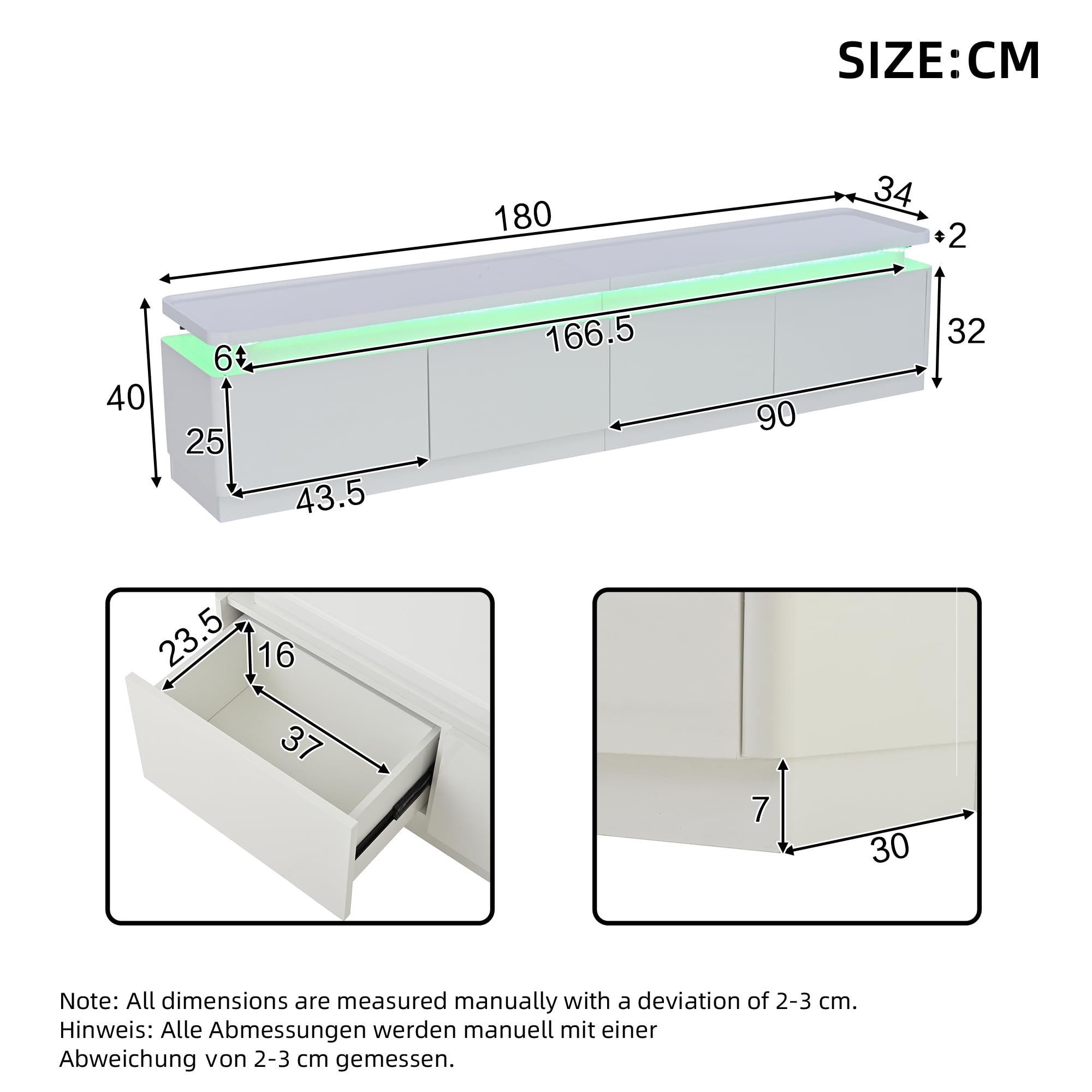 Armadio per TV con 4 cassetti, 180 x 34 x 40 cm, con LED, lucido e tavolo per TV, adatto per TV da 80 pollici (bianco)
