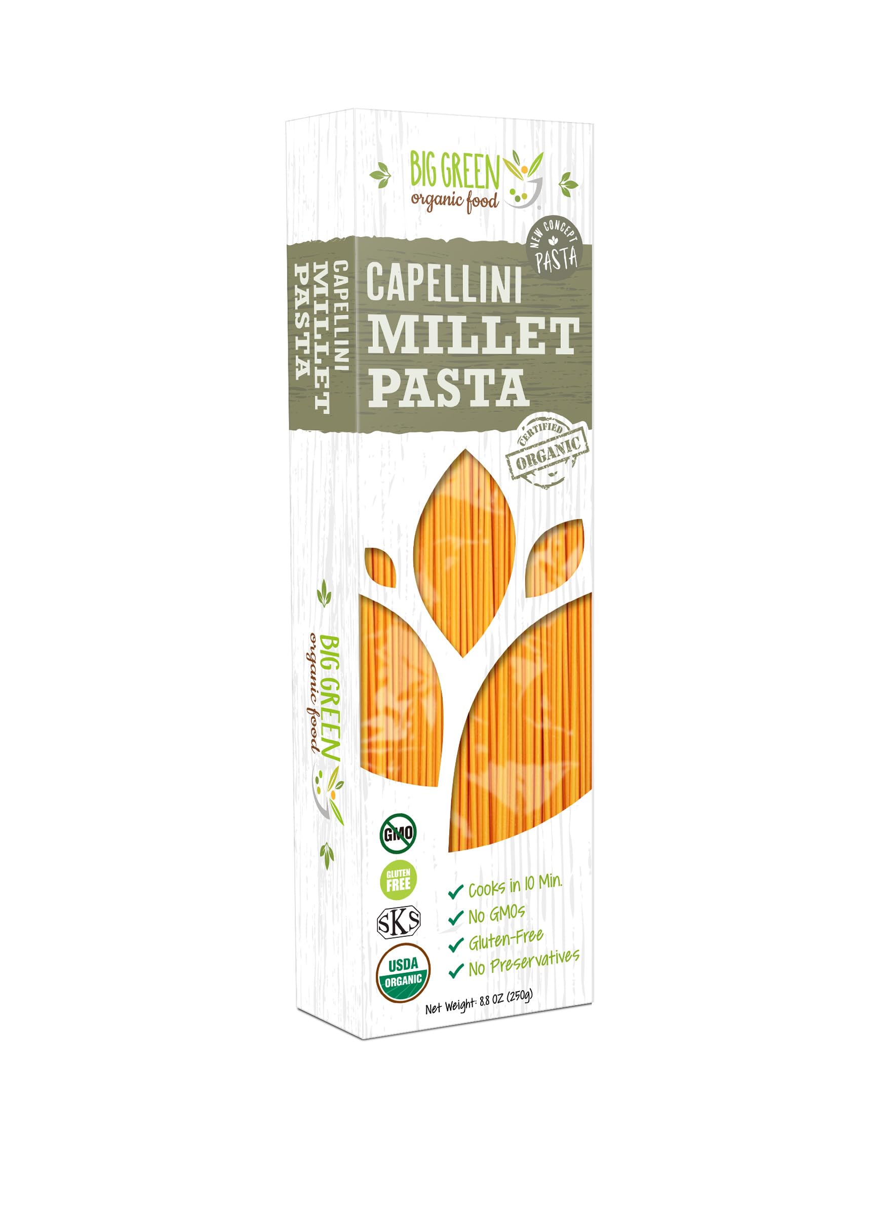 Big Green Organic Food- Organic Millet Capellini, Gluten-Free, Lectin-Free, Non-GMO, Vegan, 6g of Protein, Wheat and Rice Alternative, 26.4oz (3)