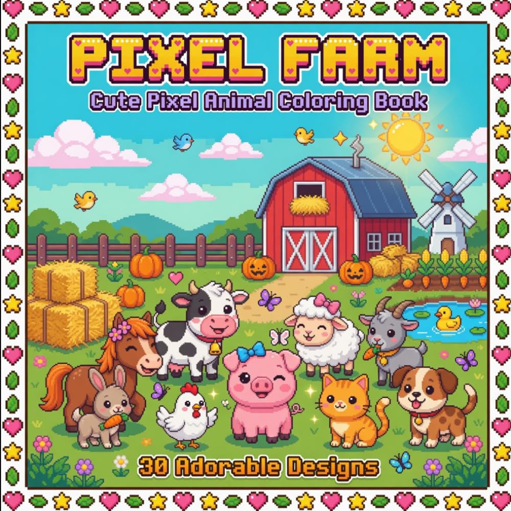 Pixel Farm: Adorable Pixel Art Animal Coloring Book: Cute Kawaii Farm Animals | 30+ Relaxing Pixel Coloring Pages for Kids & Adults