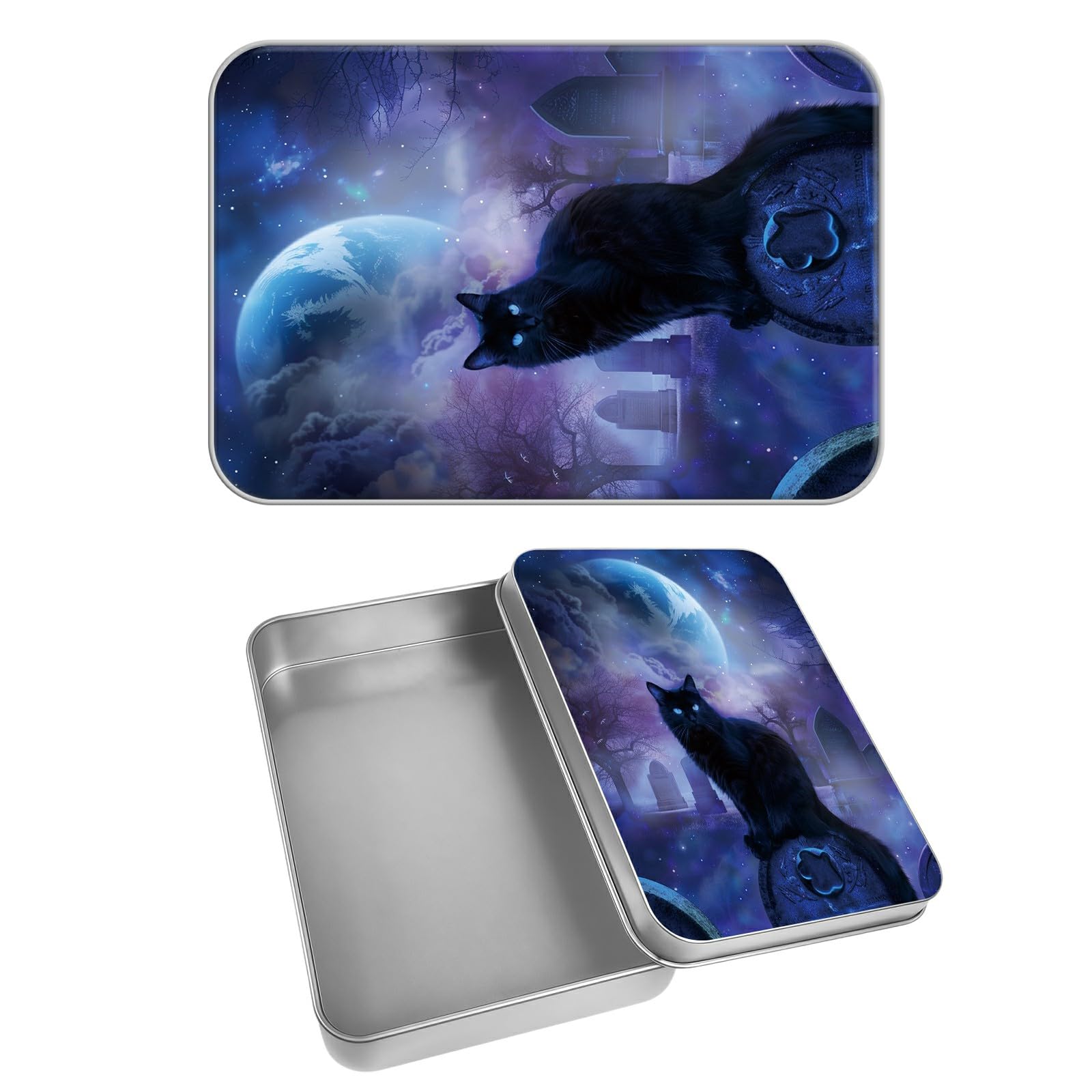 Rectangular Metal Tin Box with Removable Lid, Black Cat Nebula Decorative Printed Metal Storage Container for Cash Ticket Credit Card Check 3.46 x 2.36 x 0.7 inch– Single Pack