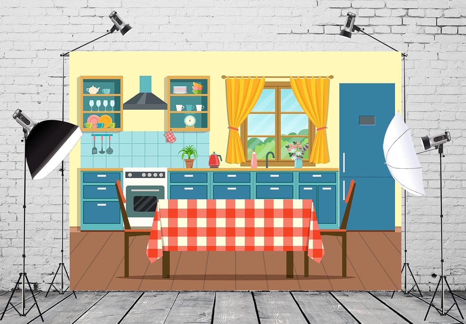 BELECO 6x3m Fabric Cucina Cartoon Colorata Sfondo Fotografico | Scenario Cucina Con Mobili Finestra Tavolo E Utensili Per Feste Foto Di Bambini Ed Eventi
