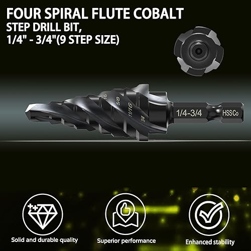 Miniatura 9 de ENBMEI Broca escalonada de cobalto M35 - 18" a 12" (13 tamaños) - Flauta Unibit de cuatro espirales - vástago hexagonal de 14 pulgadas - Broca de