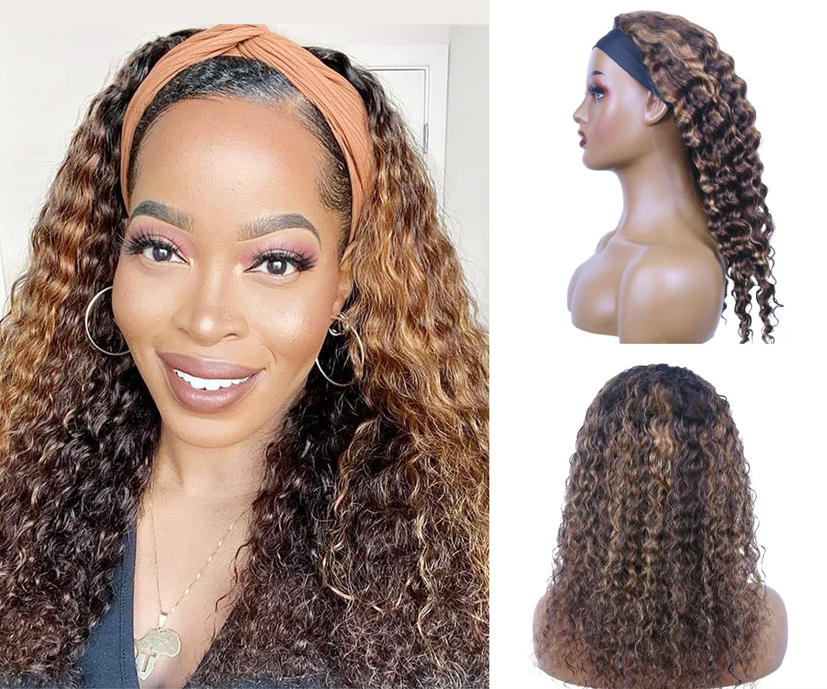 Omber Headband Wig Human Hair Deep Wave #4/27 Highlight Curly Headband Wigs for Black Women Human Hair Glueless None Lace Front Wig Brazilian Virgin