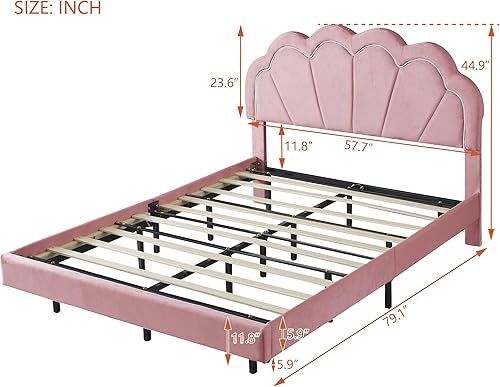 Miniatura 2 de Marco de cama LED inteligente tapizado completo con cabecera de flores, plataforma de terciopelo flotante con soporte de listones de madera, cama