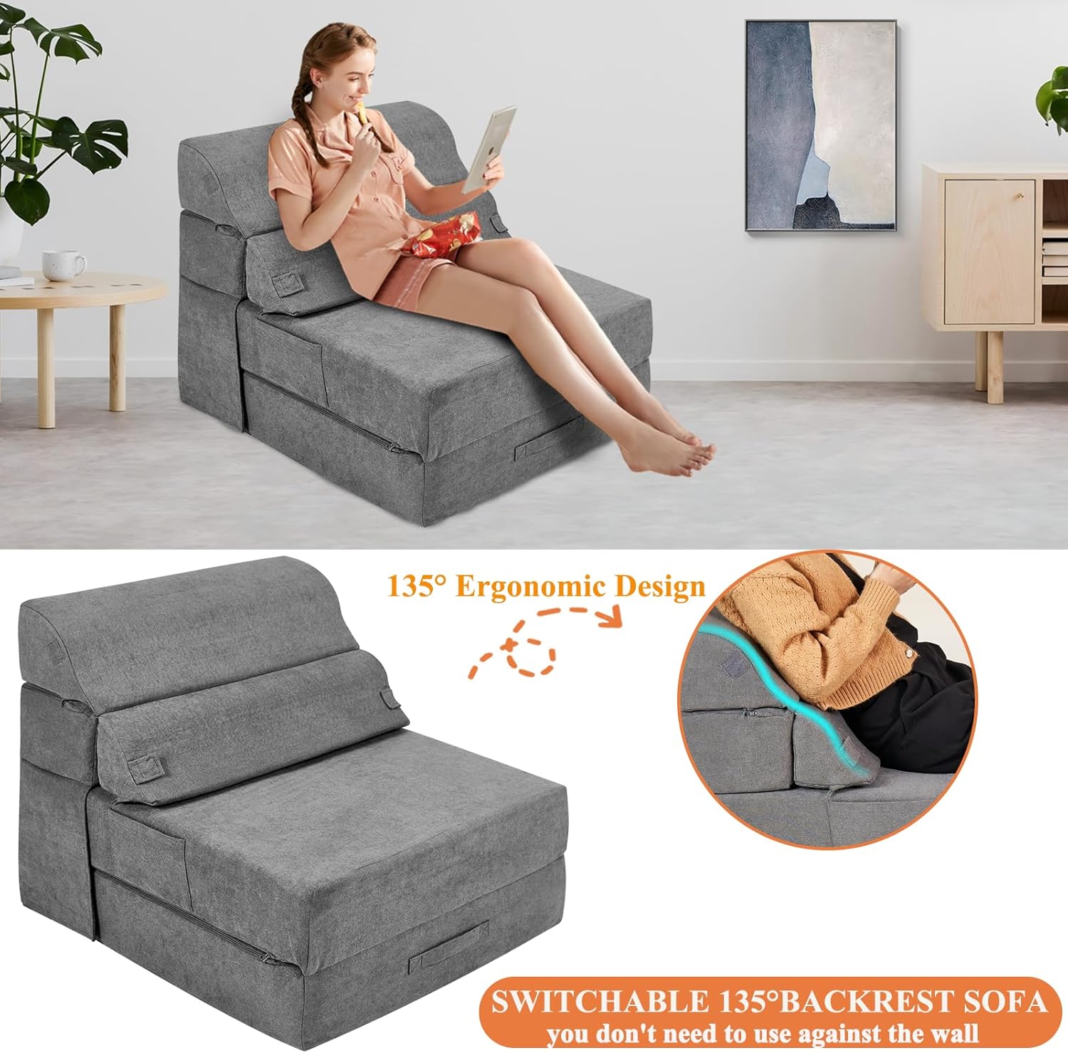 Comfy Foldable Sofa Bed - Folding Single Sofa Bed for Adults, Convertible Sleeper Sofa Fold Out Sleeper Chair Couch for Living Room Bedroom Guest, Floor Chair Lounger Mattress with Back Support
